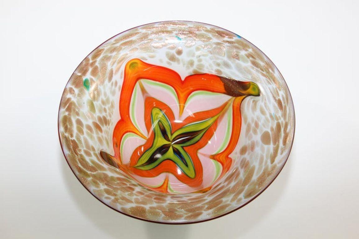 Murano Venetian Large Art Glass Bowl Blue Green Orange Gold Murine 1960s For Sale 8