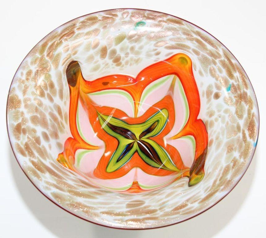 Murano Venetian Large Art Glass Bowl Blue Green Orange Gold Murine 1960s For Sale 9