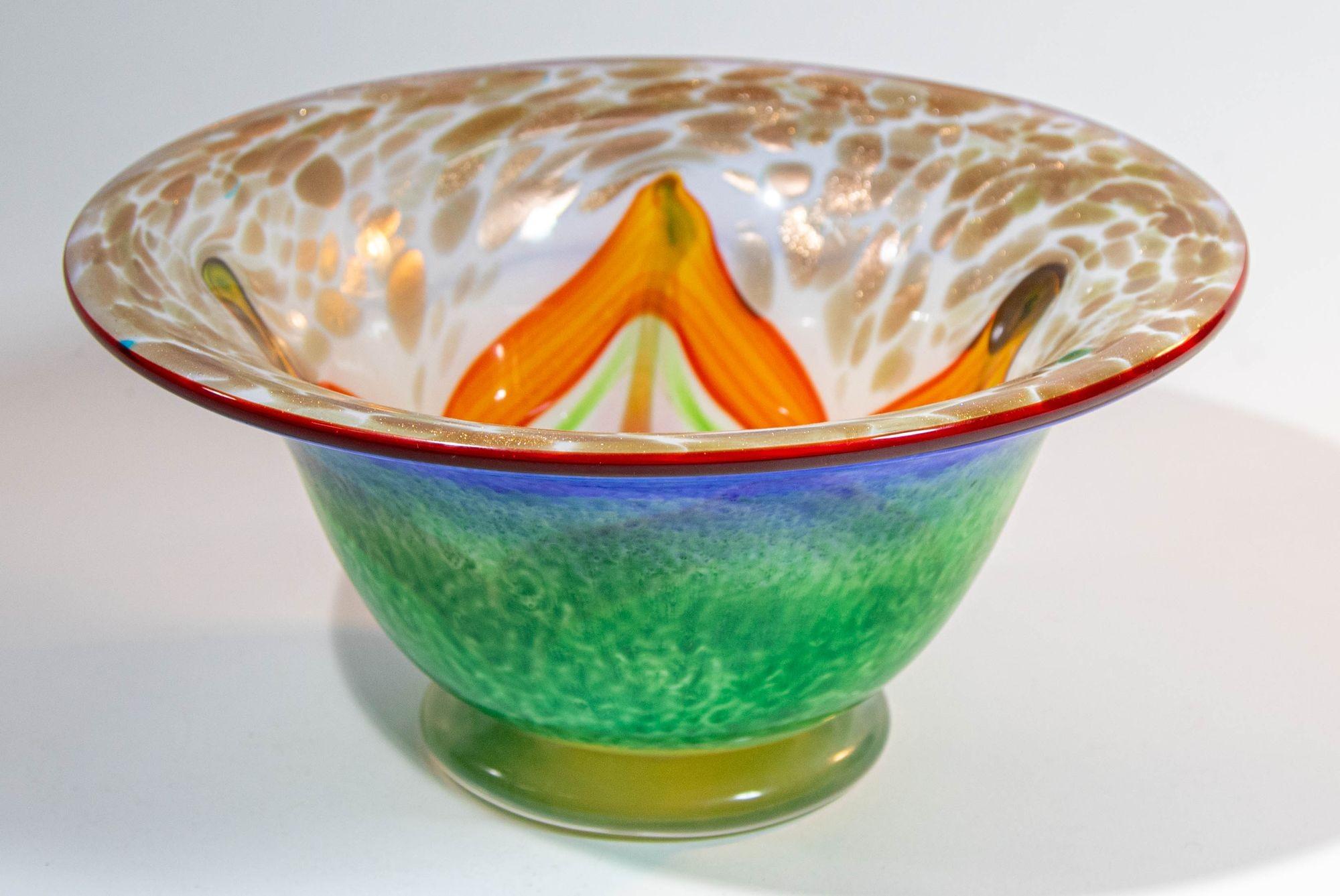 Murano Venetian Large Art Glass Bowl Blue Green Orange Gold Murine 1960s For Sale 10