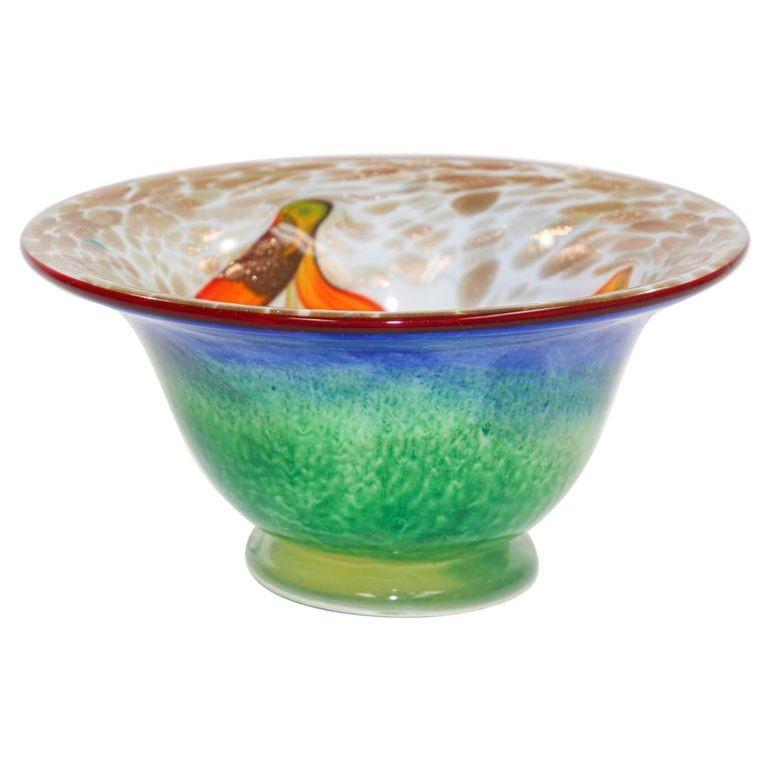 Mid-Century Modern Murano Venetian Large Art Glass Bowl Blue Green Orange Gold Murine 1960s For Sale