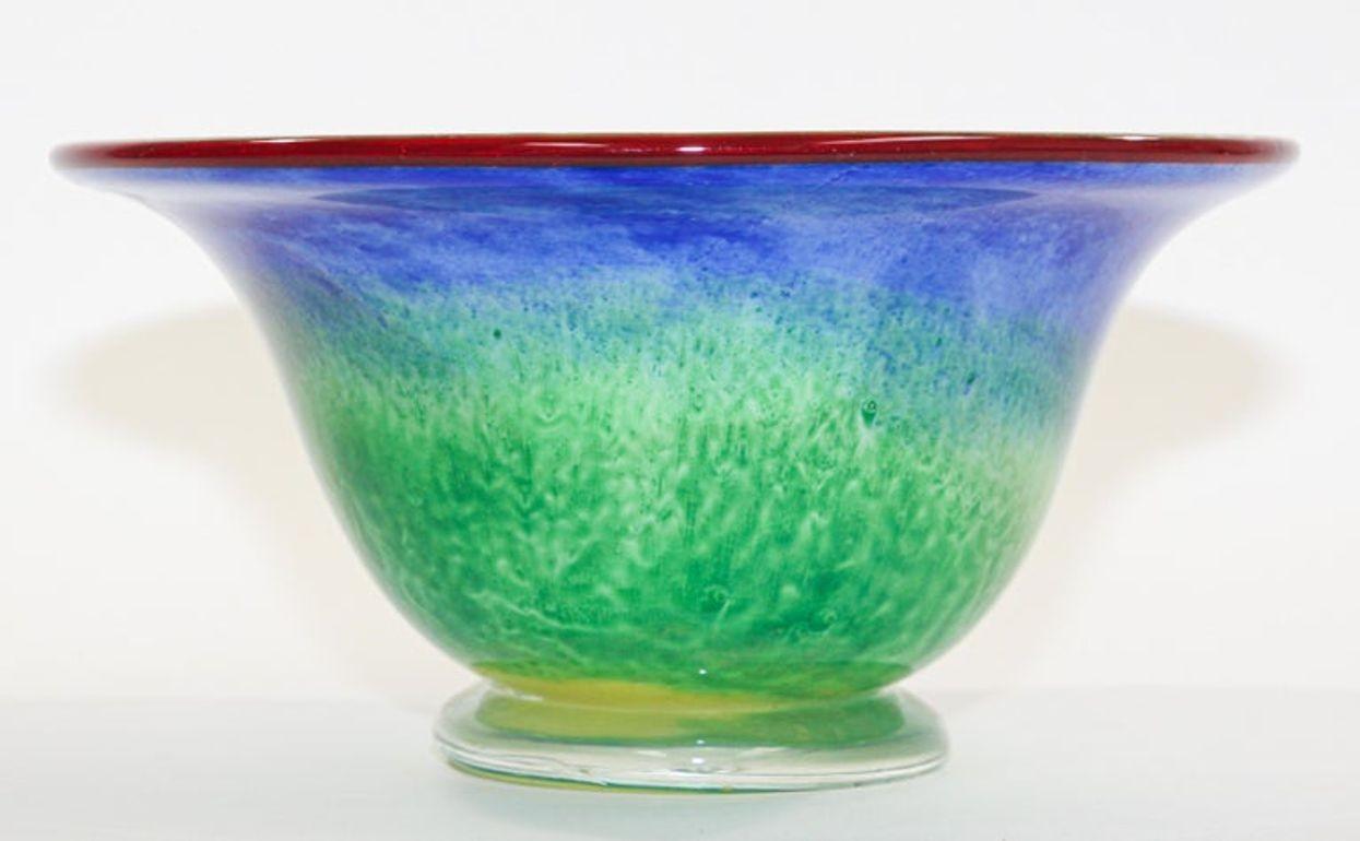 Italian Murano Venetian Large Art Glass Bowl Blue Green Orange Gold Murine 1960s For Sale
