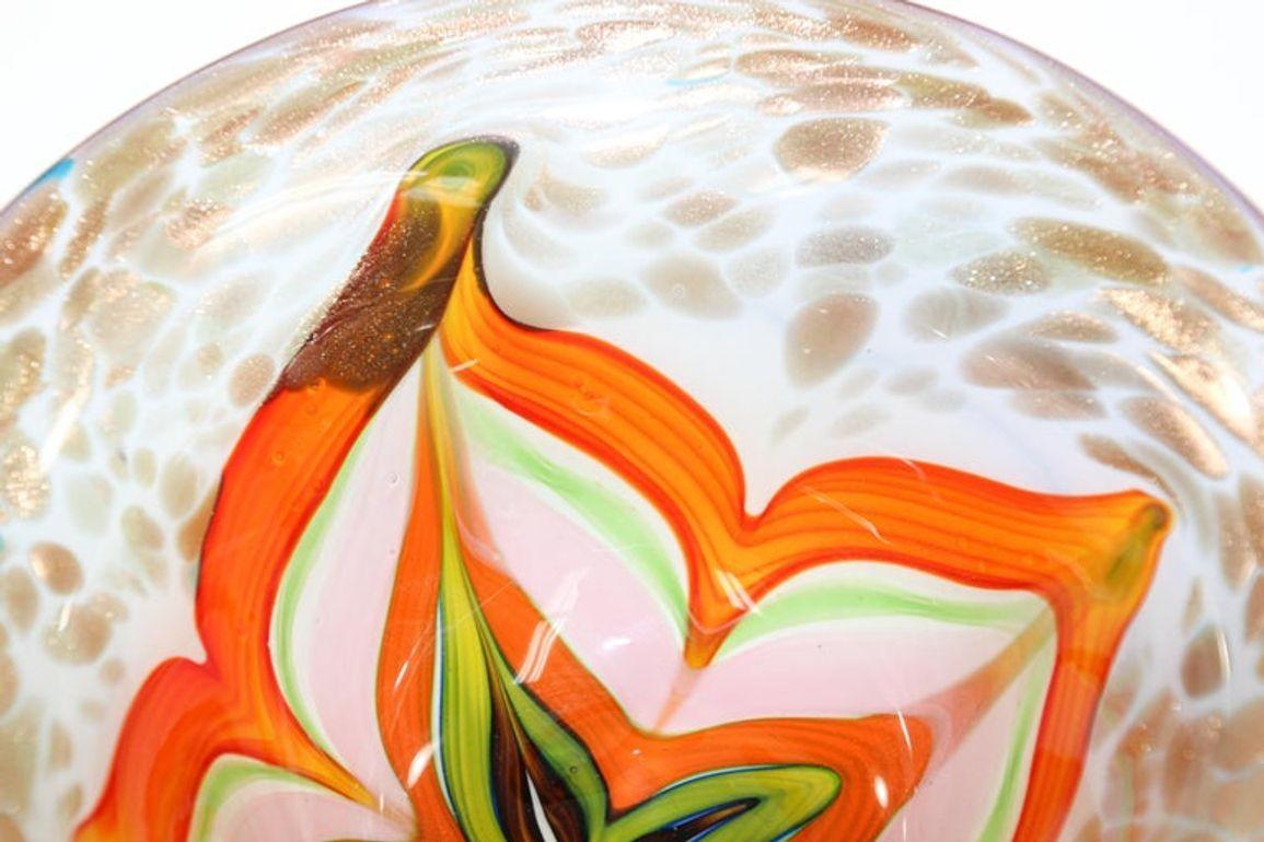 Hand-Crafted Murano Venetian Large Art Glass Bowl Blue Green Orange Gold Murine 1960s For Sale