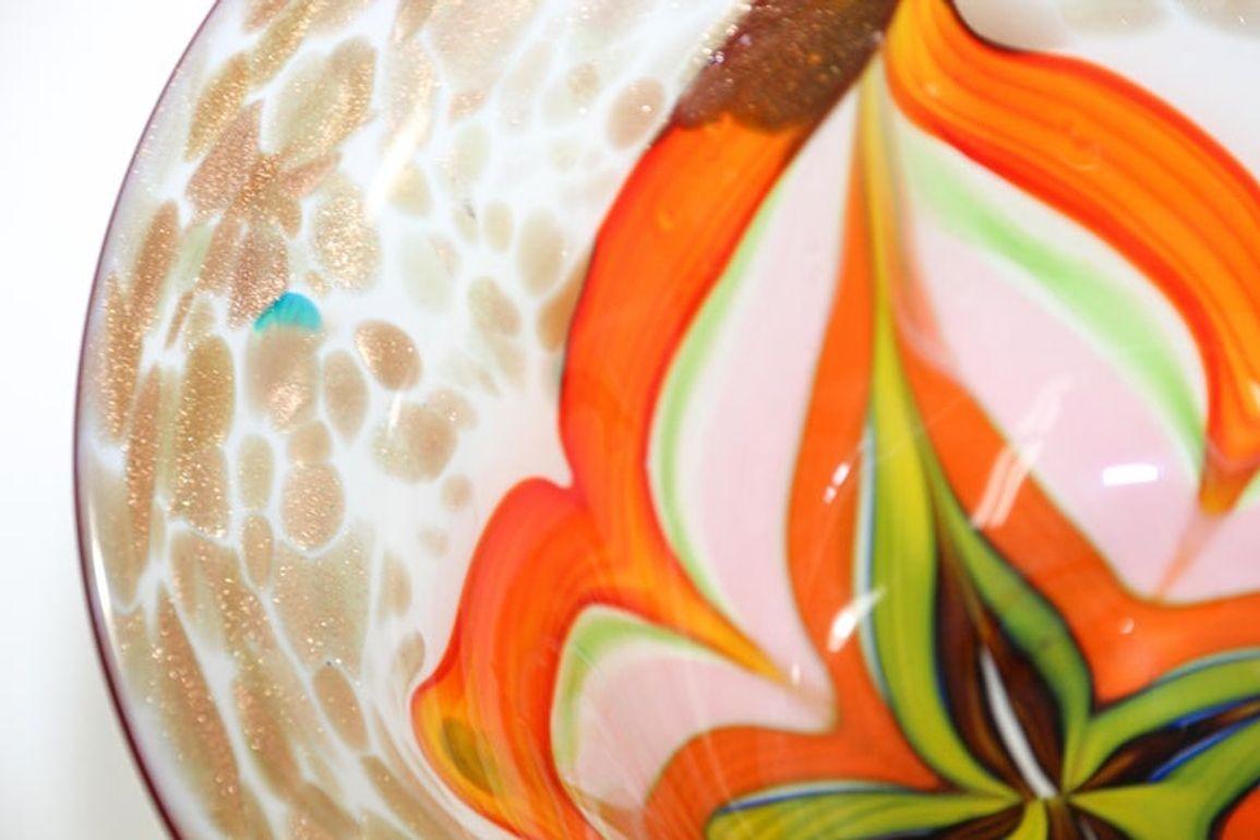 Murano Venetian Large Art Glass Bowl Blue Green Orange Gold Murine 1960s In Good Condition For Sale In North Hollywood, CA