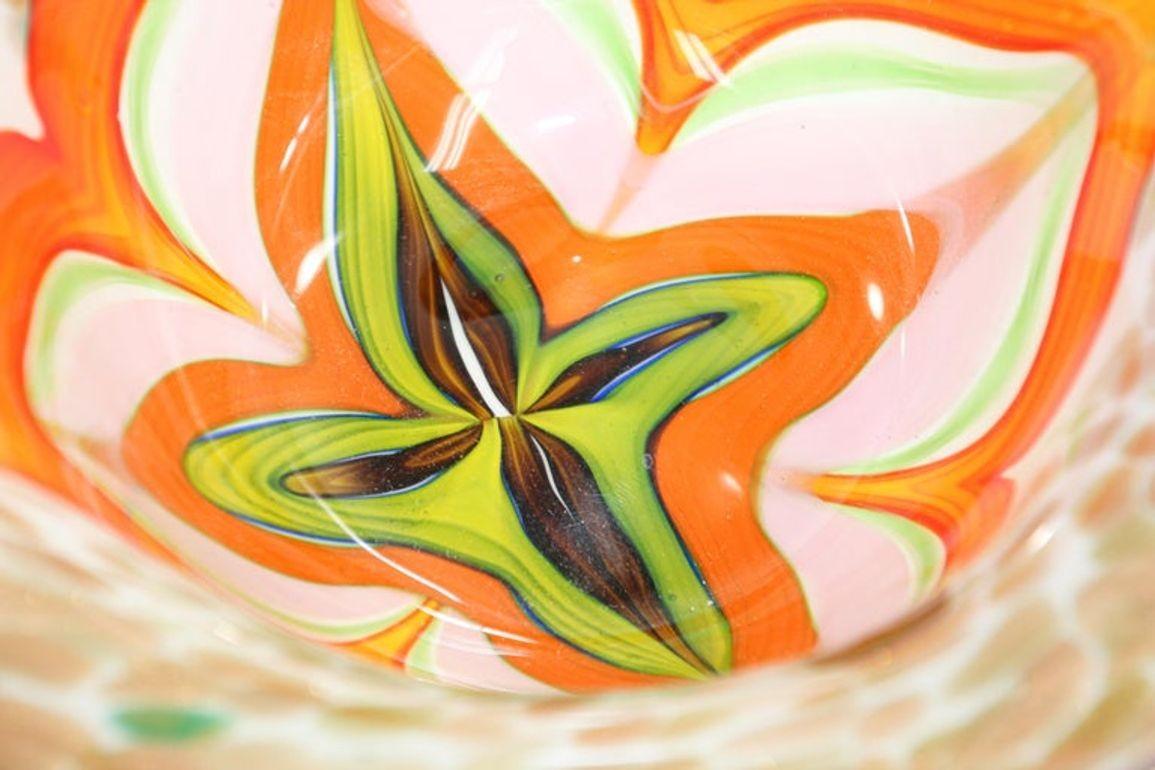 20th Century Murano Venetian Large Art Glass Bowl Blue Green Orange Gold Murine 1960s For Sale