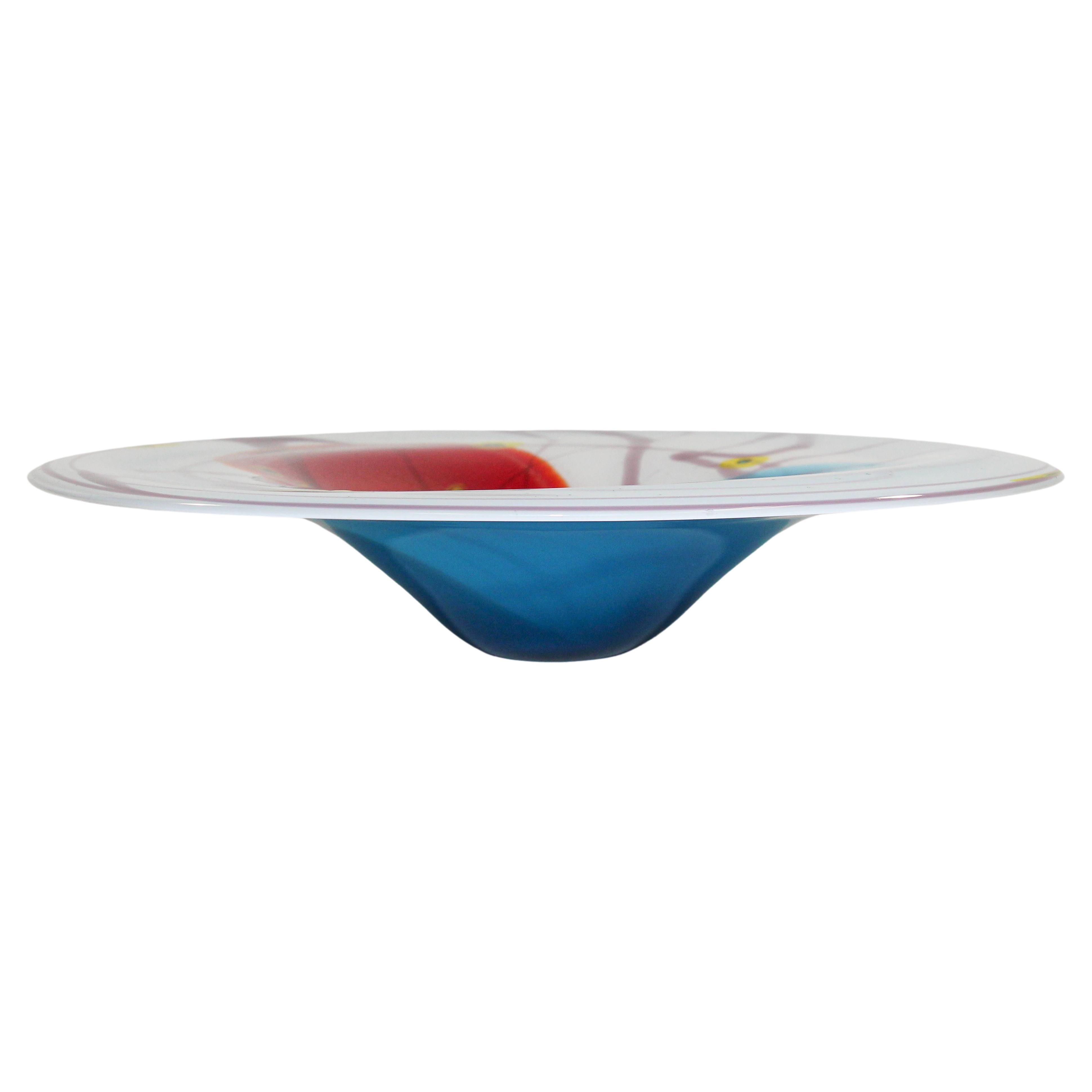 Beautiful mid-20th century Italian Murano Venetian hand blown art glass large bowl.
Fabulous large heavy glass bowl in bright colors with red white yellow and blue outside.
Beautiful decorative piece for any table or shelf, large decorative bowl