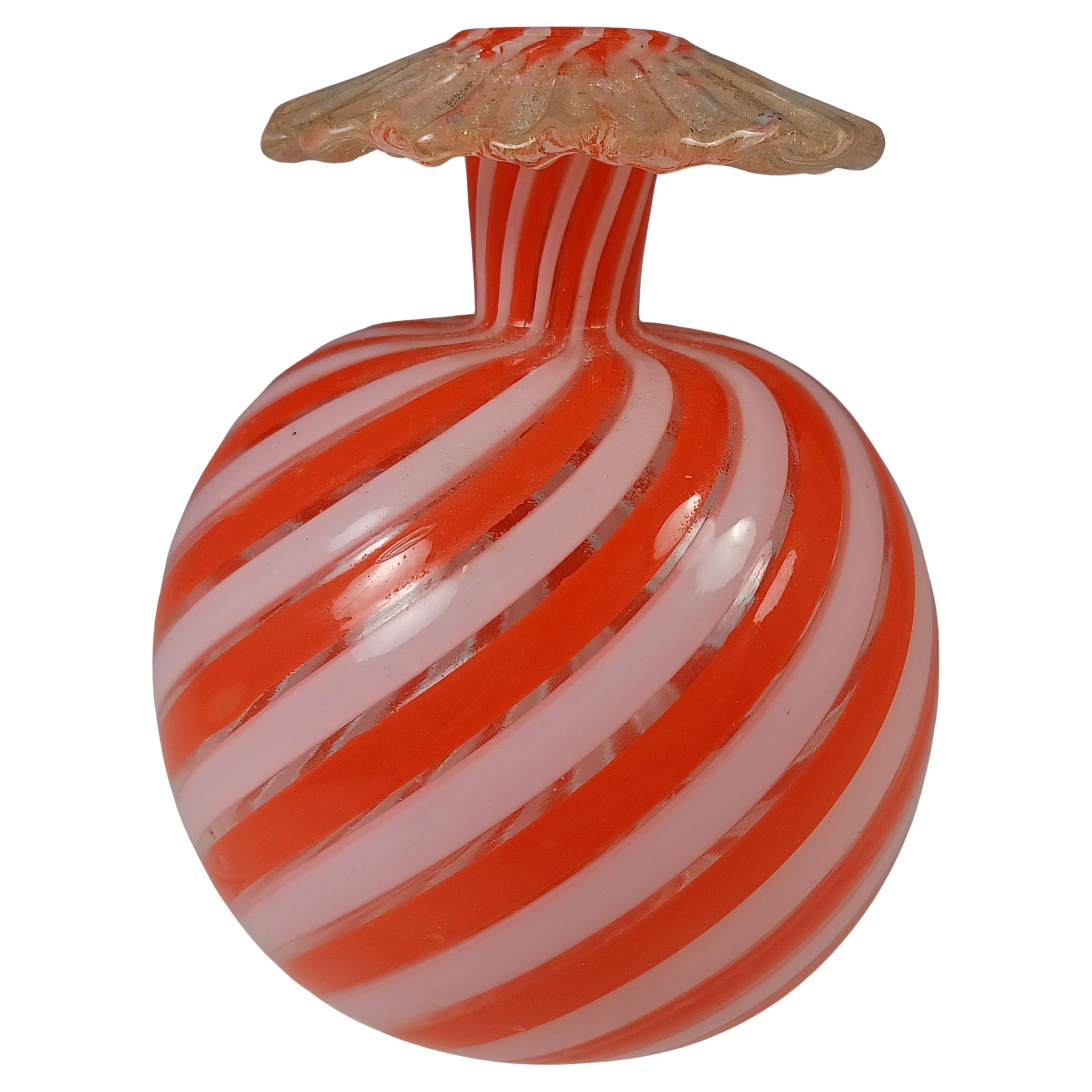 Murano Venetian Orange & White Filigree Glass Vase w Gold Leaf