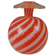 Murano Venetian Orange & White Filigree Glass Vase w Gold Leaf