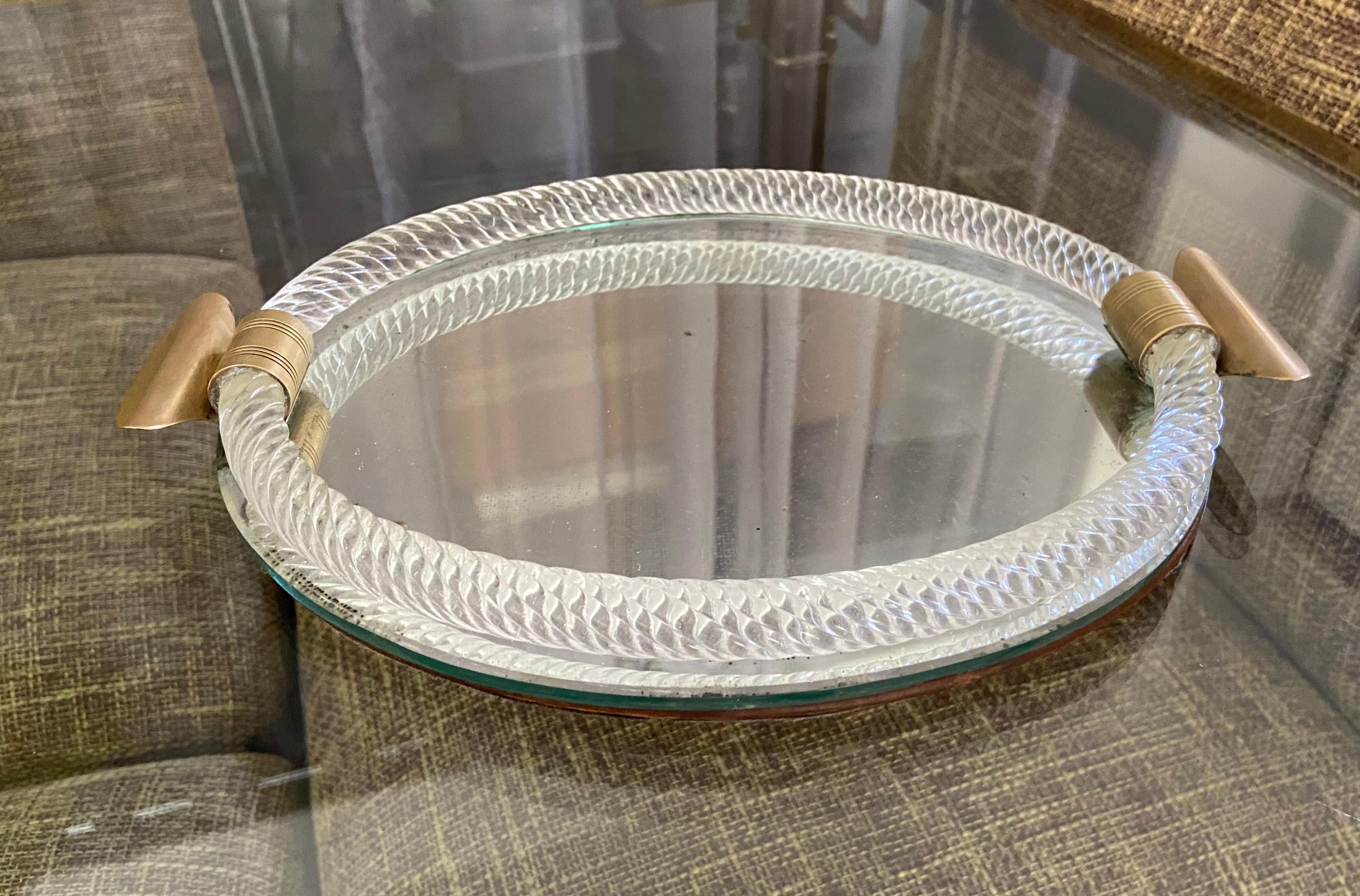 Murano Venetian Oval Twisted Glass Rope Mirrored Vanity Tray In Good Condition In Palm Springs, CA