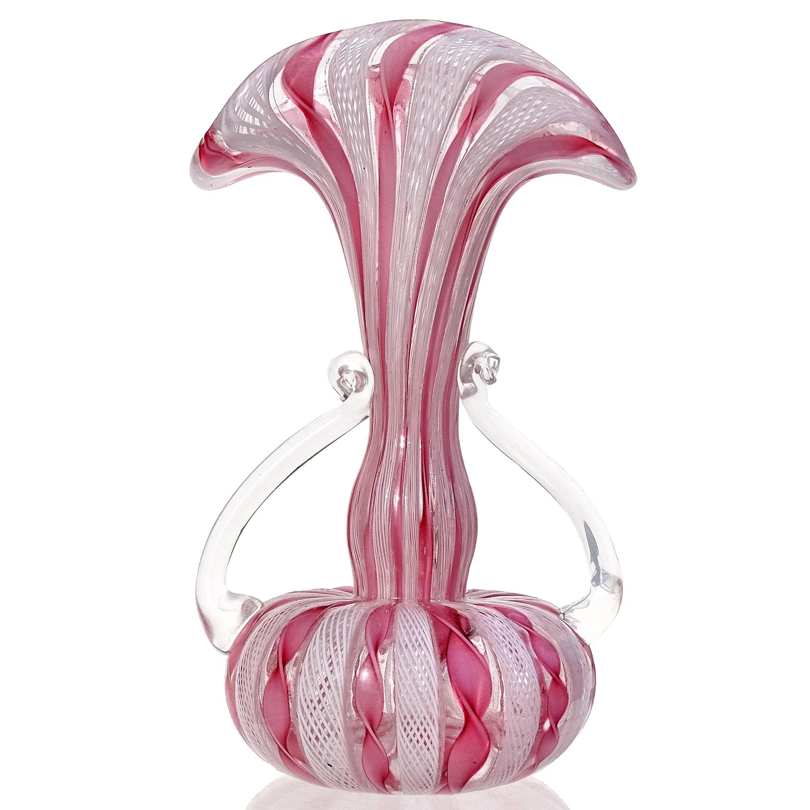 Mid-Century Modern Murano Venetian Pink, Green, and White Italian Art Glass Vintage Ribbon Vases
