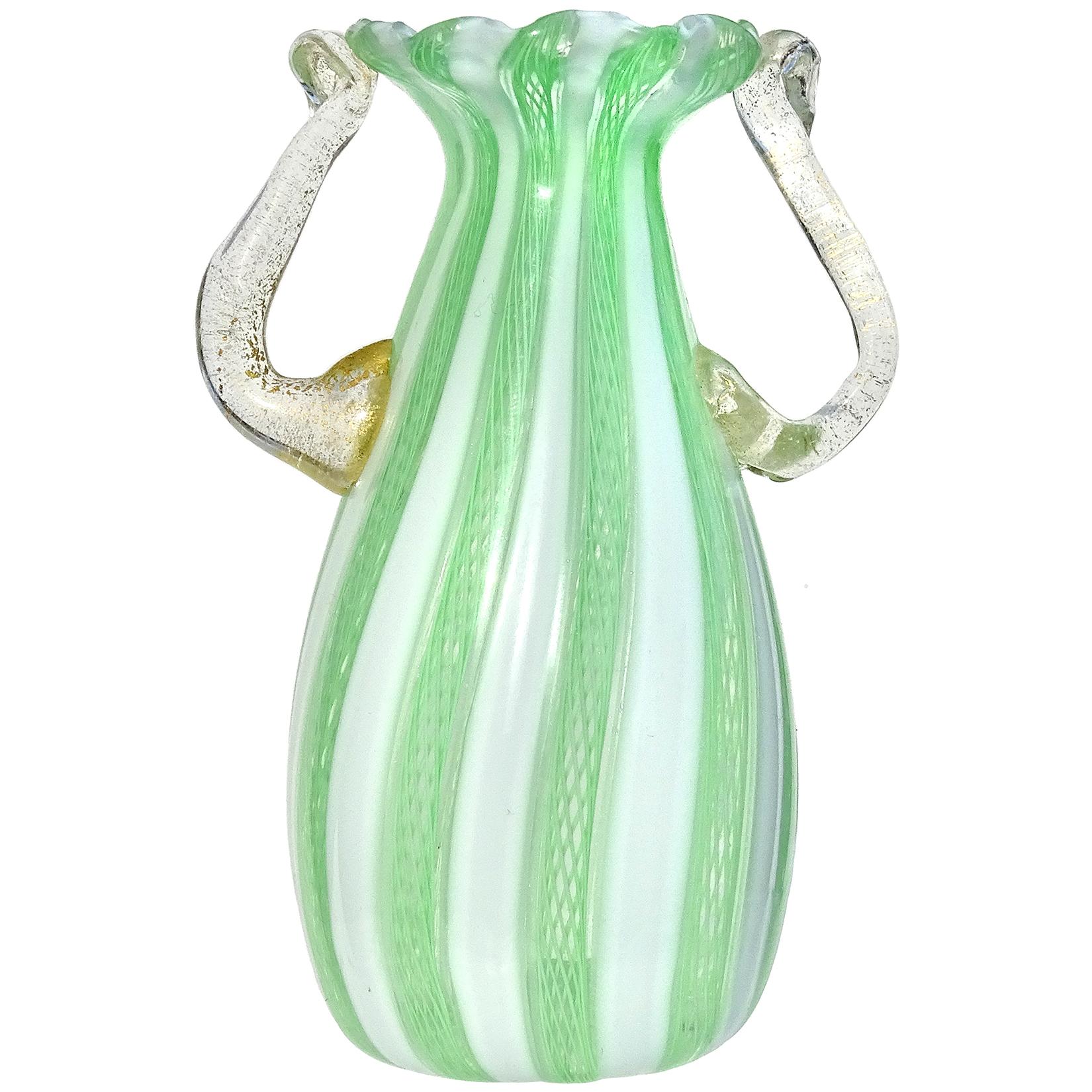 Hand-Crafted Murano Venetian Pink, Green, and White Italian Art Glass Vintage Ribbon Vases