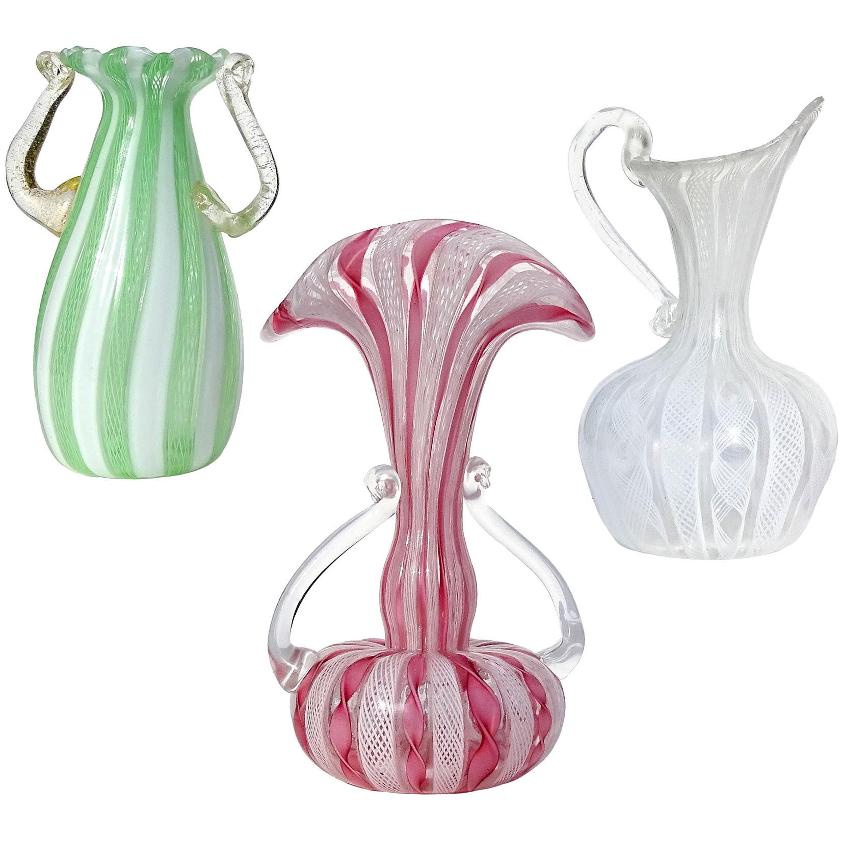 Murano Venetian Pink, Green, and White Italian Art Glass Vintage Ribbon Vases
