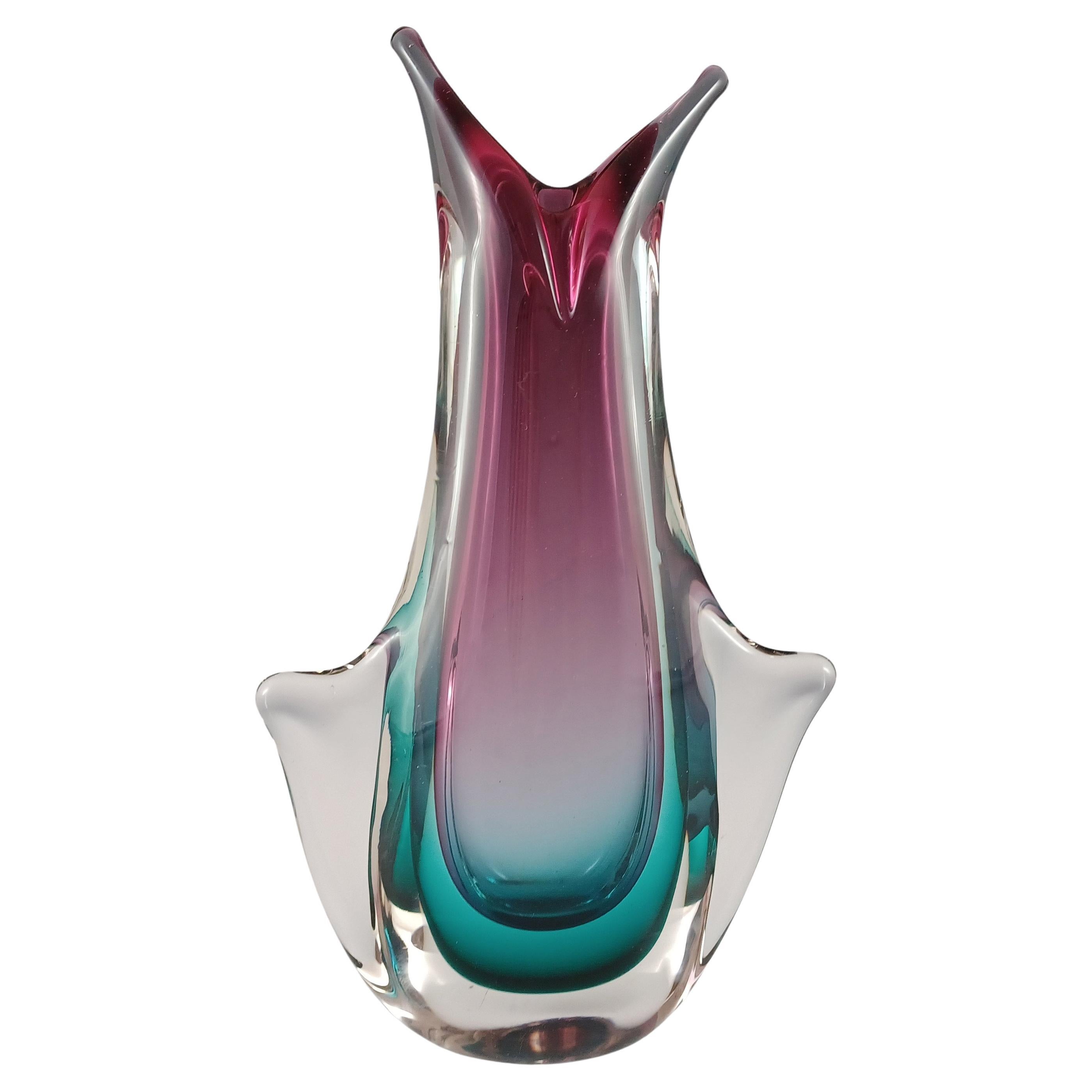 Jarrón de cristal Murano / Veneciano rosa y turquesa Sommerso en venta