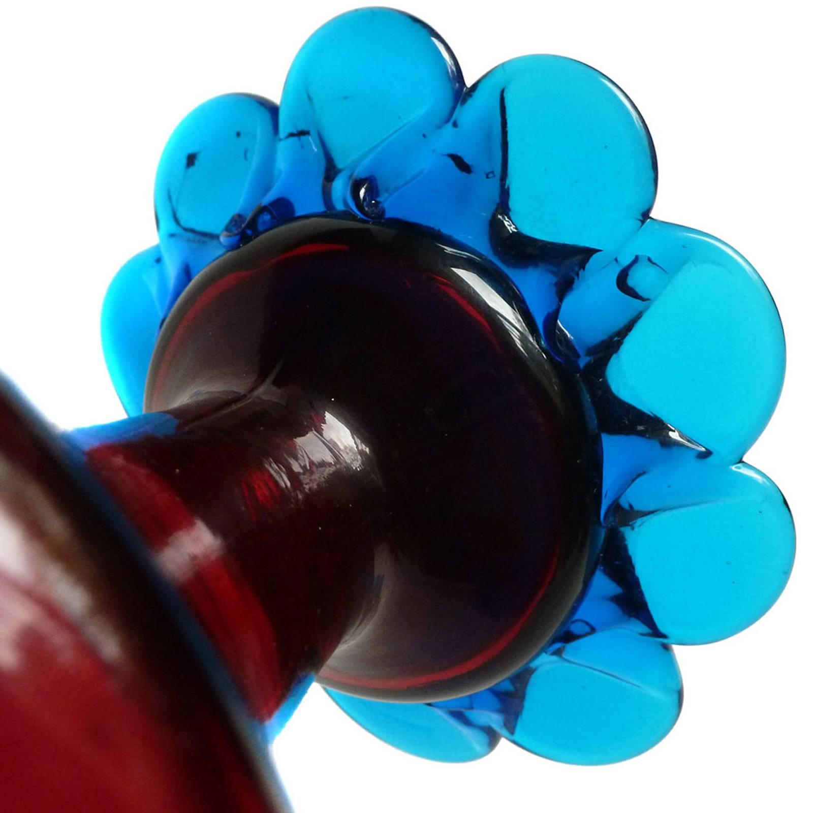 Murano Venetian Red and Blue Ornate Handles Italian Art Glass Flower Vase In Good Condition In Kissimmee, FL