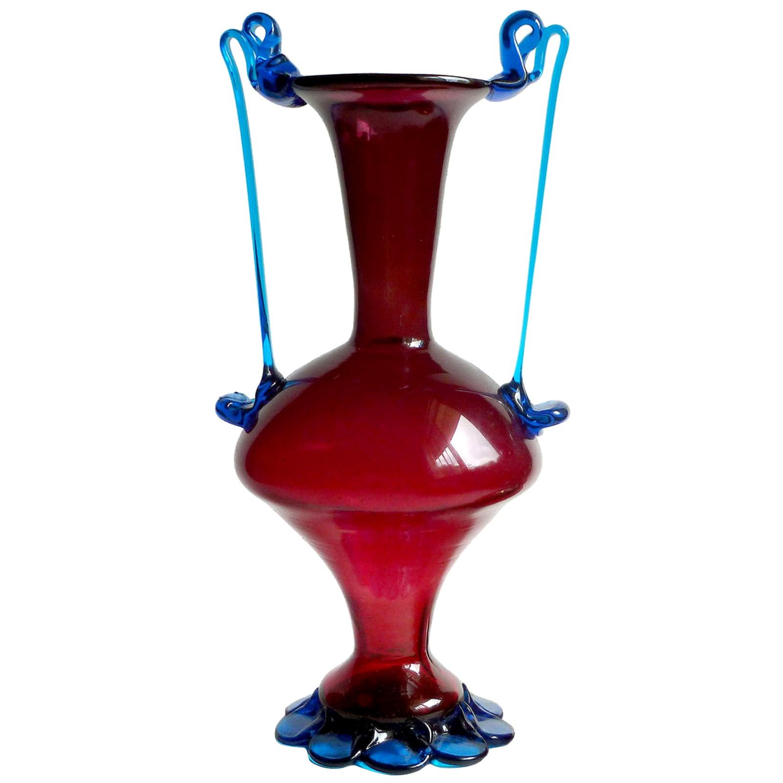Murano Venetian Red and Blue Ornate Handles Italian Art Glass Flower Vase