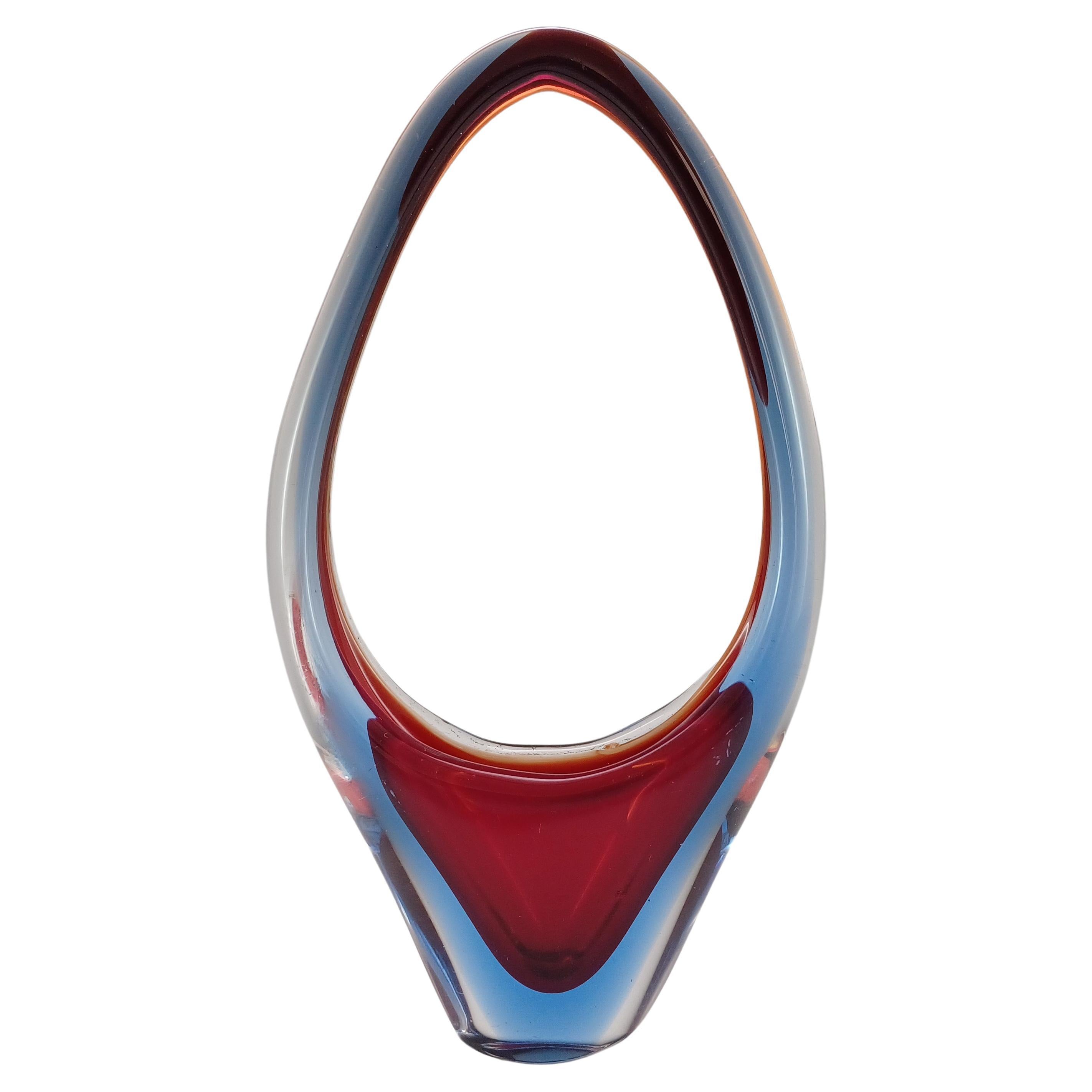 Murano / Venetian Red & Blue Sommerso Glass Basket Vase
