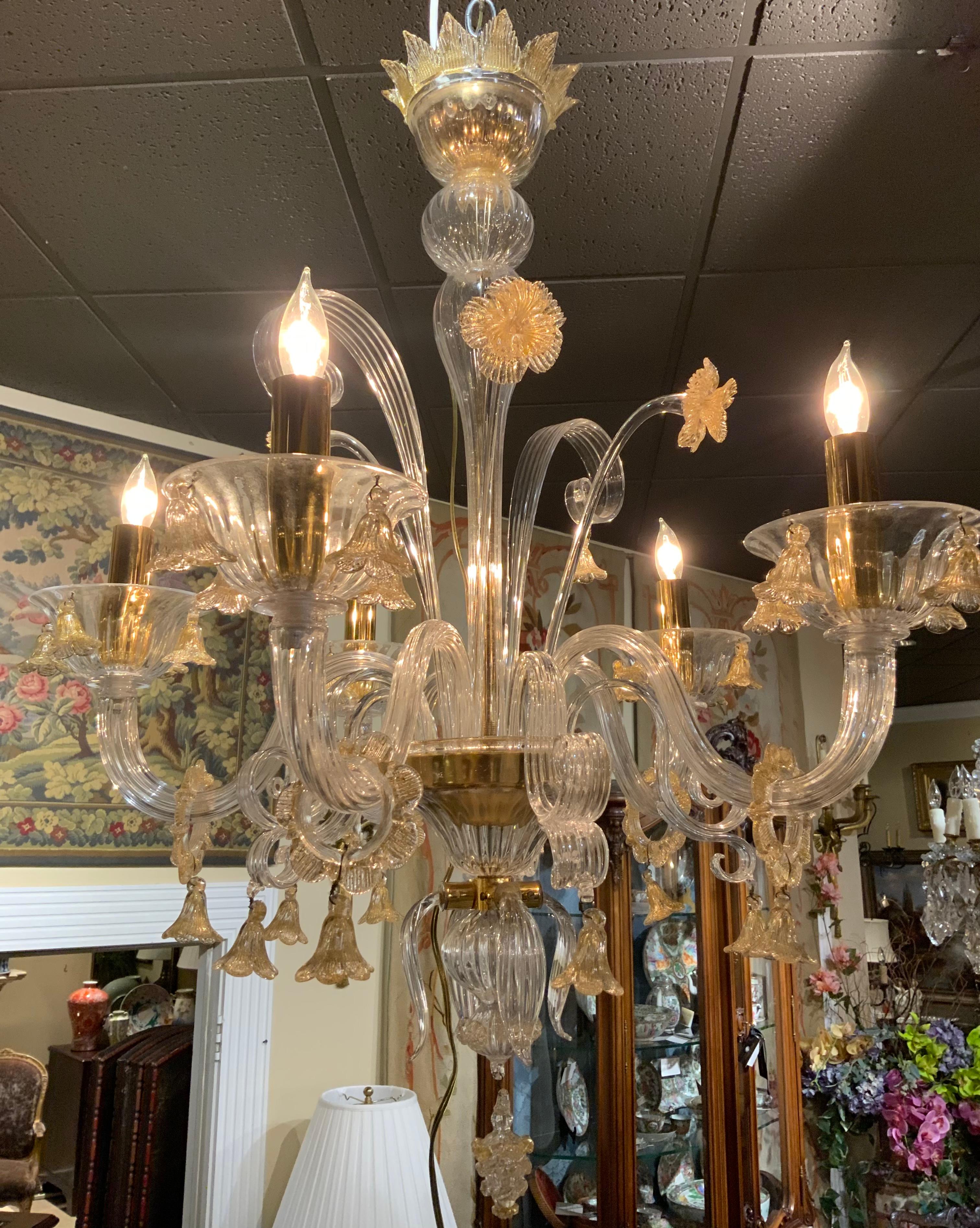 Murano Venetian Style Chandelier with Gold-Flecked Clear Glass, Five Arms For Sale 4