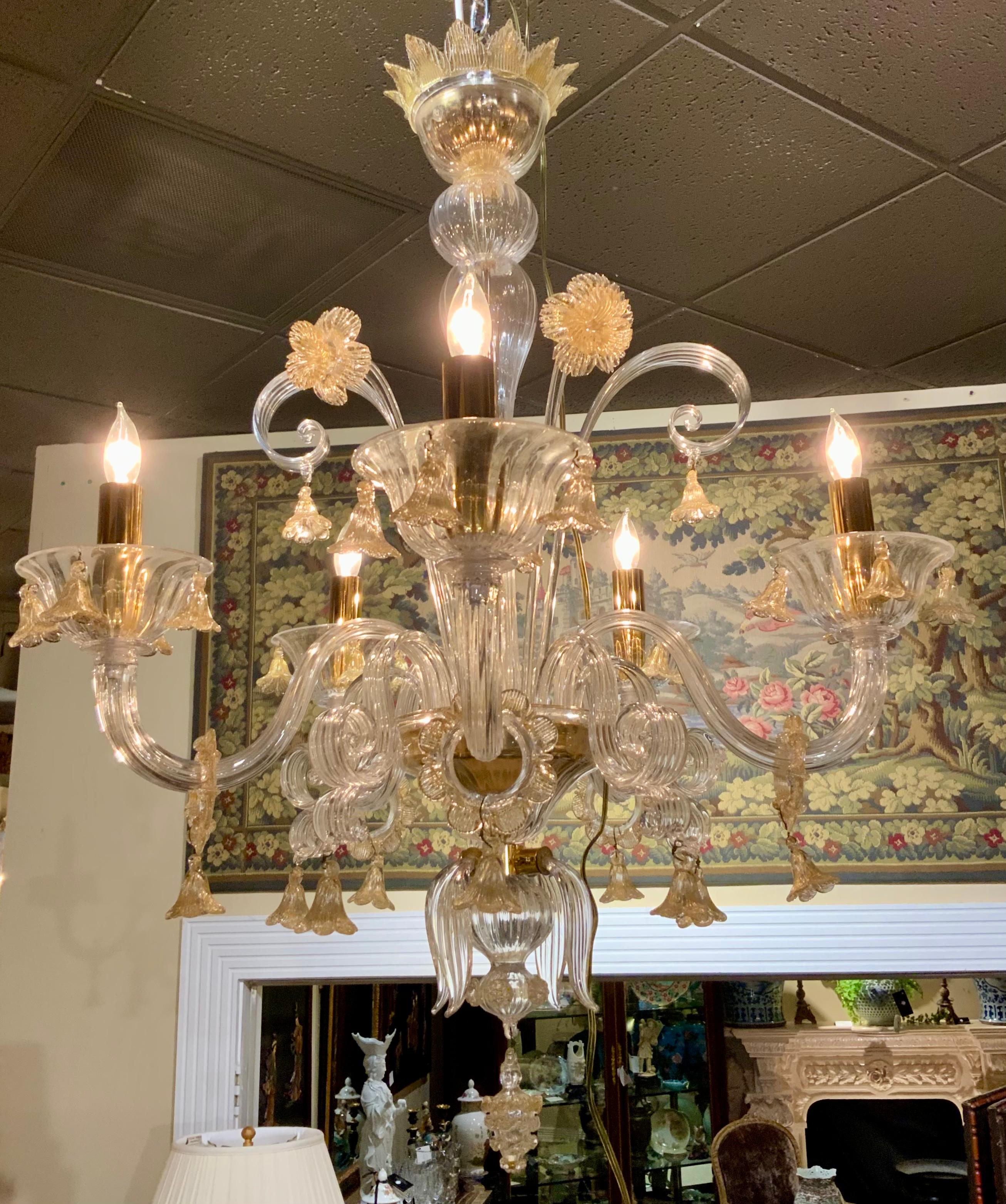 Murano Venetian Style Chandelier with Gold-Flecked Clear Glass, Five Arms In Excellent Condition In Houston, TX