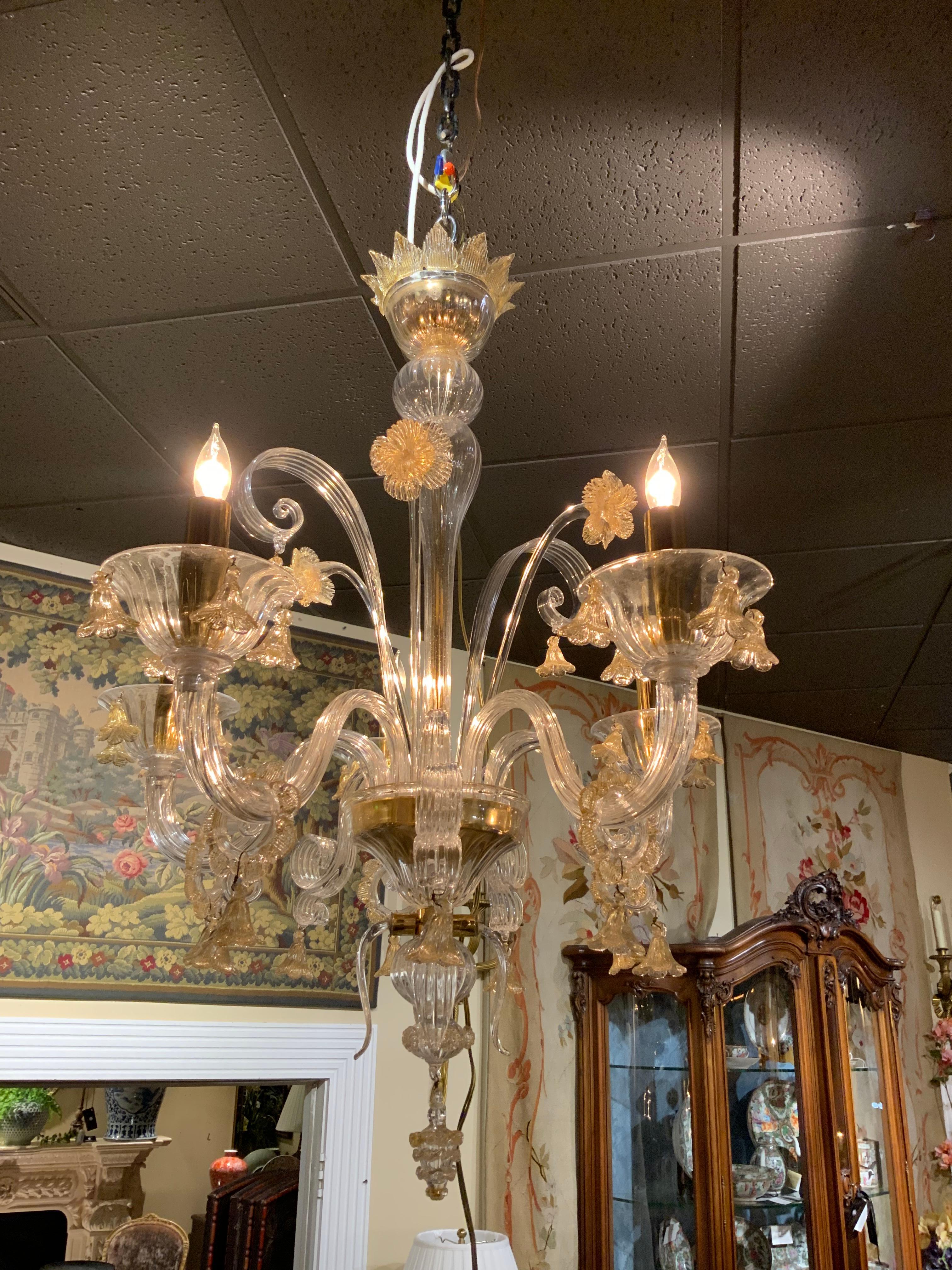 Contemporary Murano Venetian Style Chandelier with Gold-Flecked Clear Glass, Five Arms For Sale