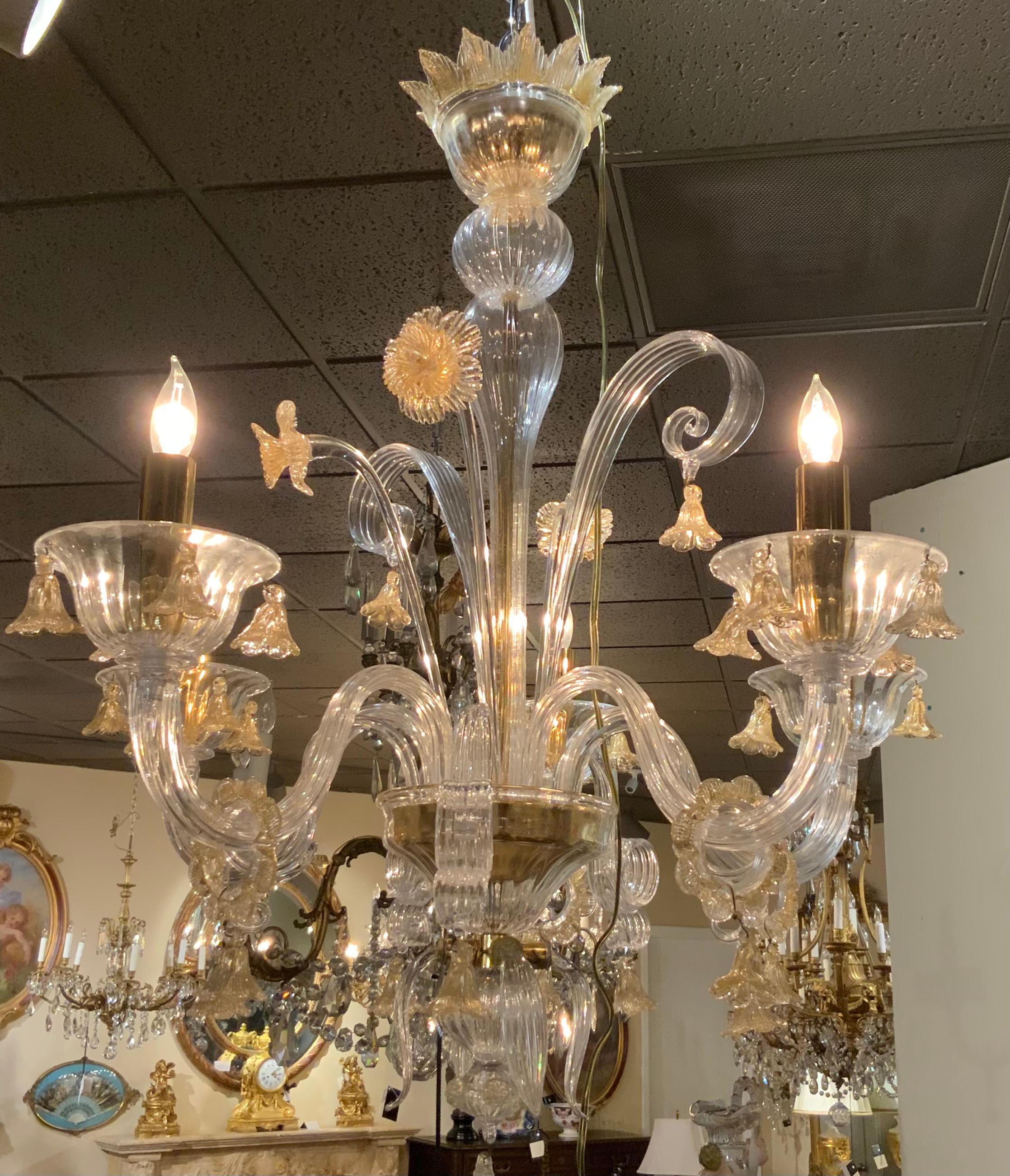 Murano Venetian Style Chandelier with Gold-Flecked Clear Glass, Five Arms For Sale 1