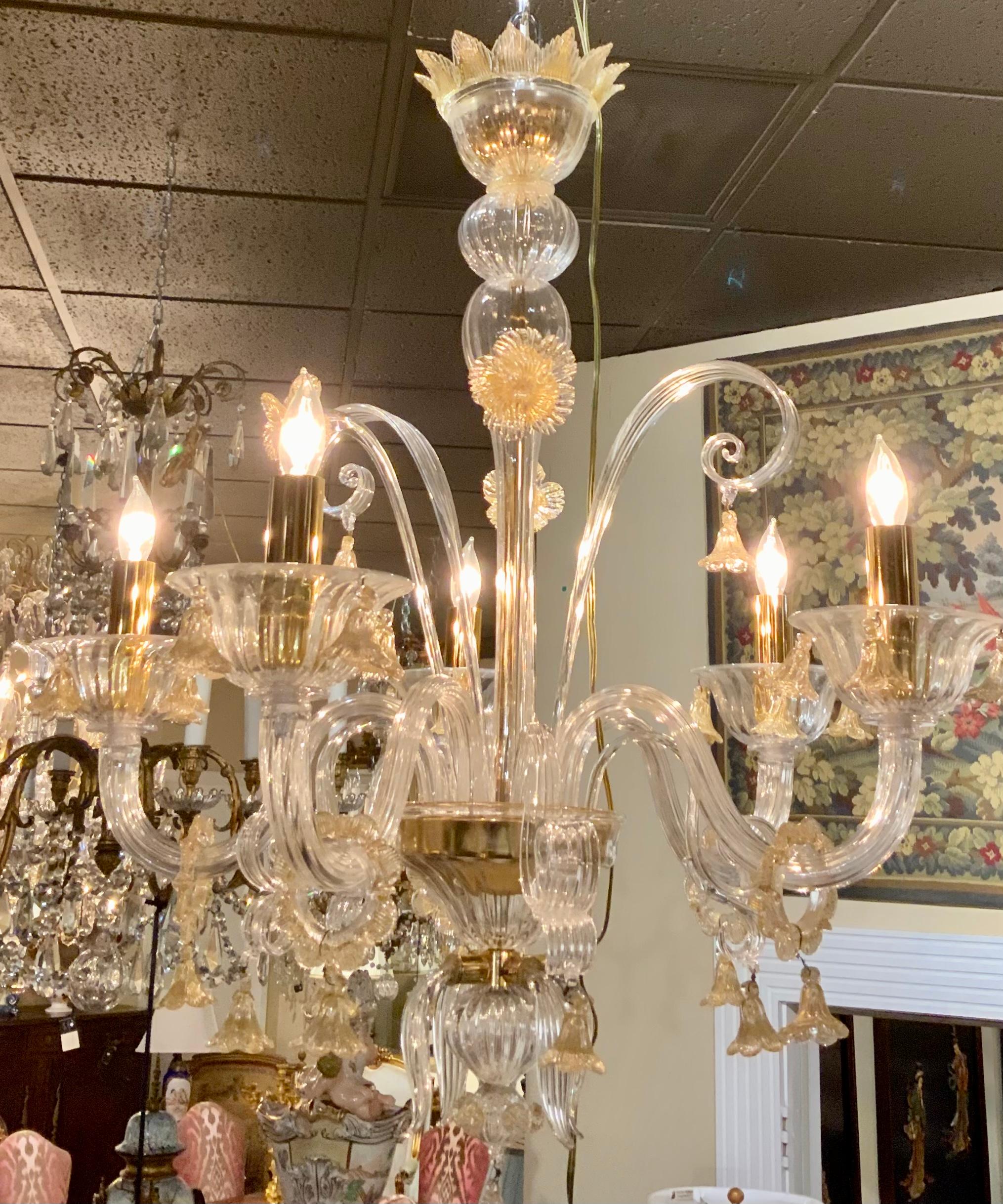 Murano Venetian Style Chandelier with Gold-Flecked Clear Glass, Five Arms 2