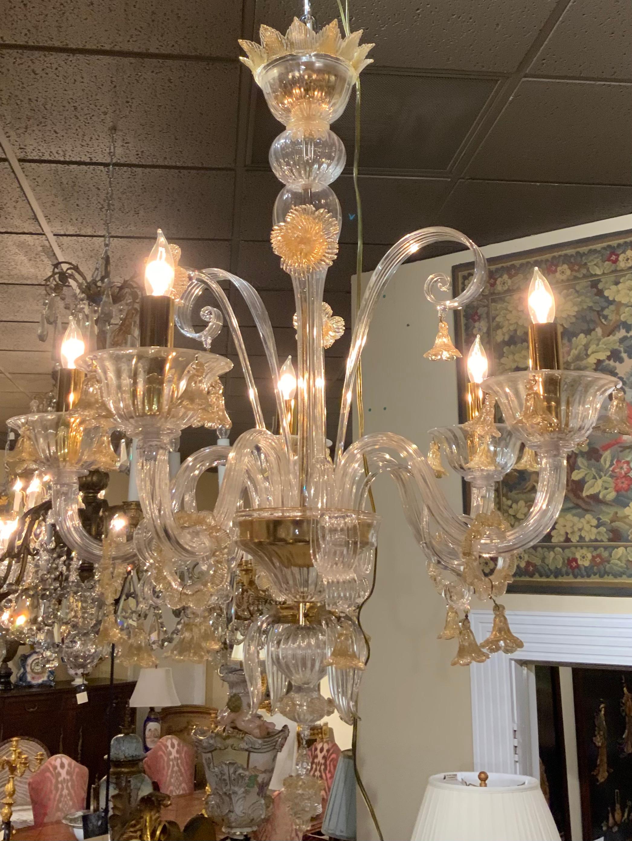 Murano Venetian Style Chandelier with Gold-Flecked Clear Glass, Five Arms For Sale 3