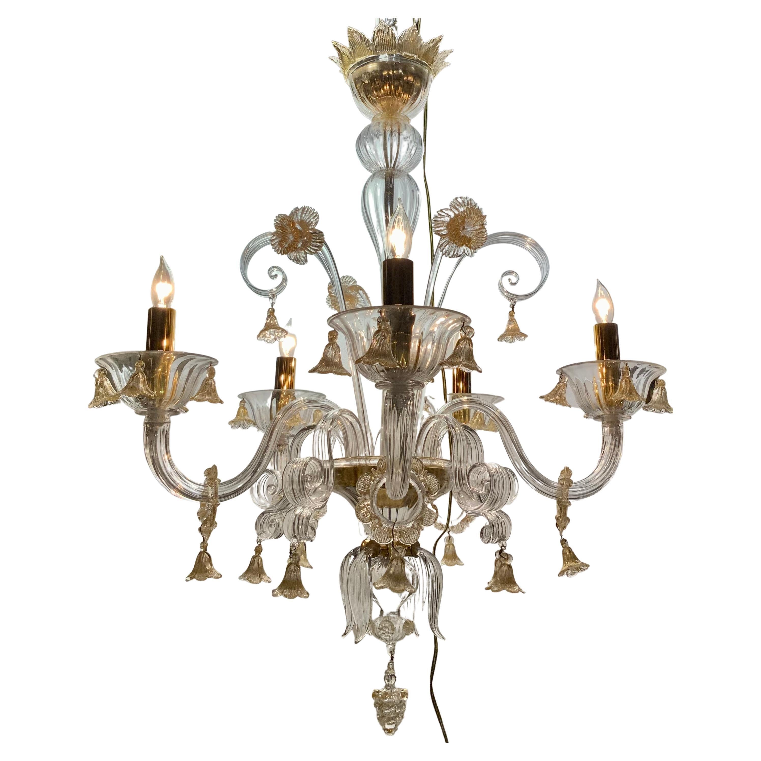 Murano Venetian Style Chandelier with Gold-Flecked Clear Glass, Five Arms For Sale