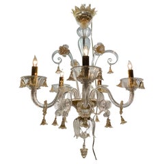 Murano Venetian Style Chandelier with Gold-Flecked Clear Glass, Five Arms