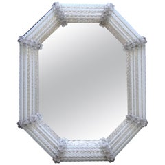 Murano Venetian White Clear Twisted Rod Floral Wall Mirror Murano Venetian White Clear Twisted Rod Floral Wall Mirror