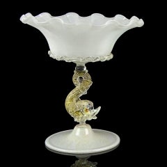 Murano Venetian White Gold Flecks Fish Stem Italian Art Glass Compote Bowl