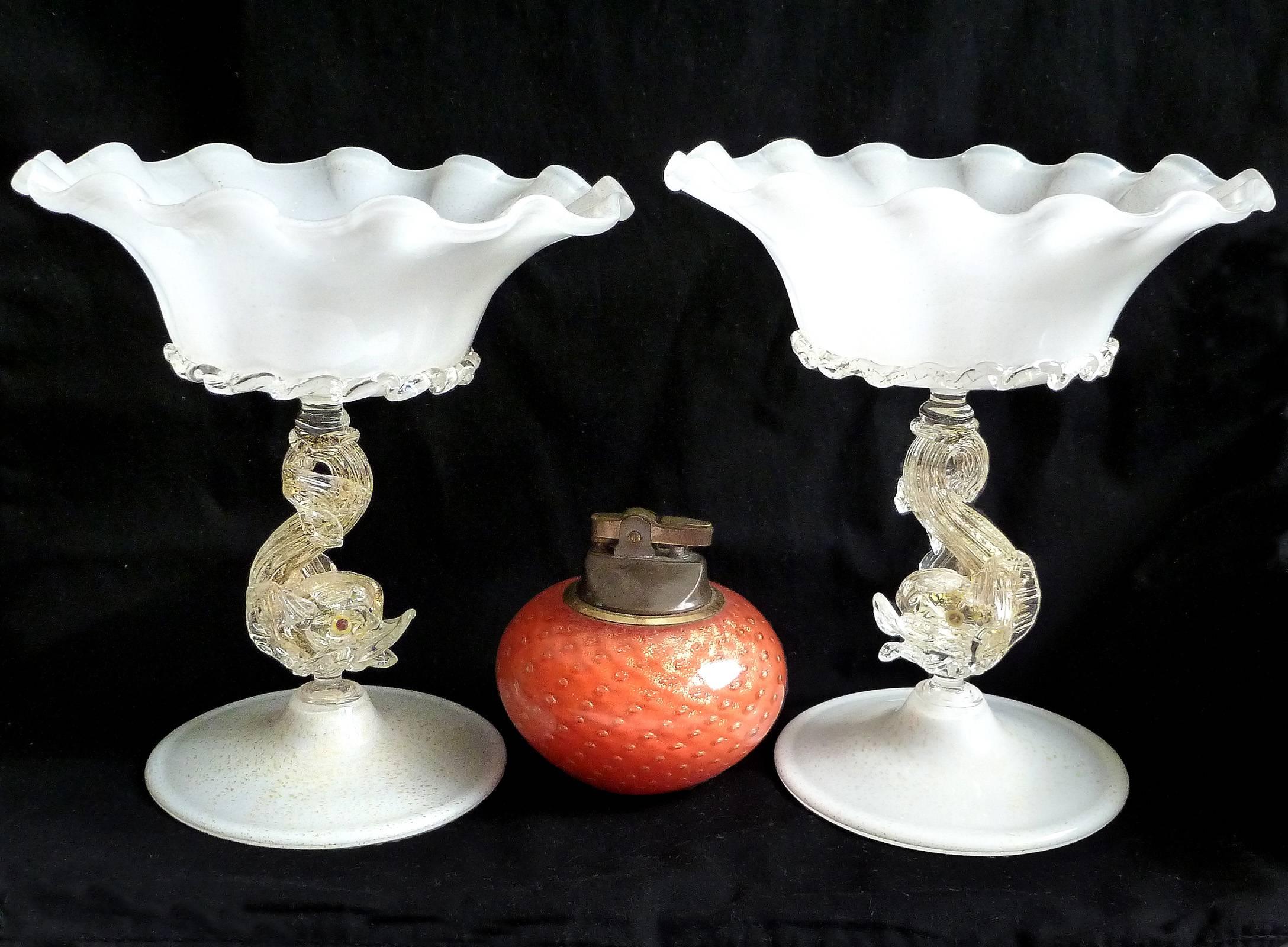 Victorian Murano Venetian White Gold Flecks Fish Stem Italian Art Glass Compote Bowls For Sale