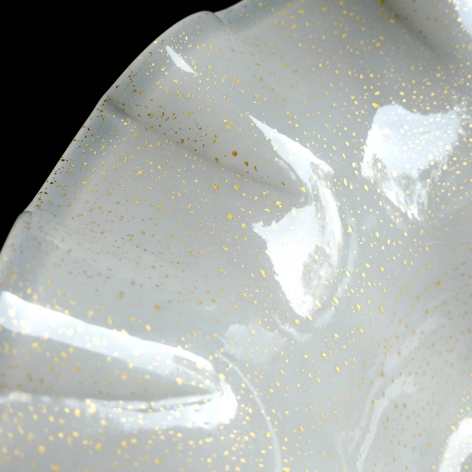 20th Century Murano Venetian White Gold Flecks Fish Stem Italian Art Glass Compote Bowls For Sale