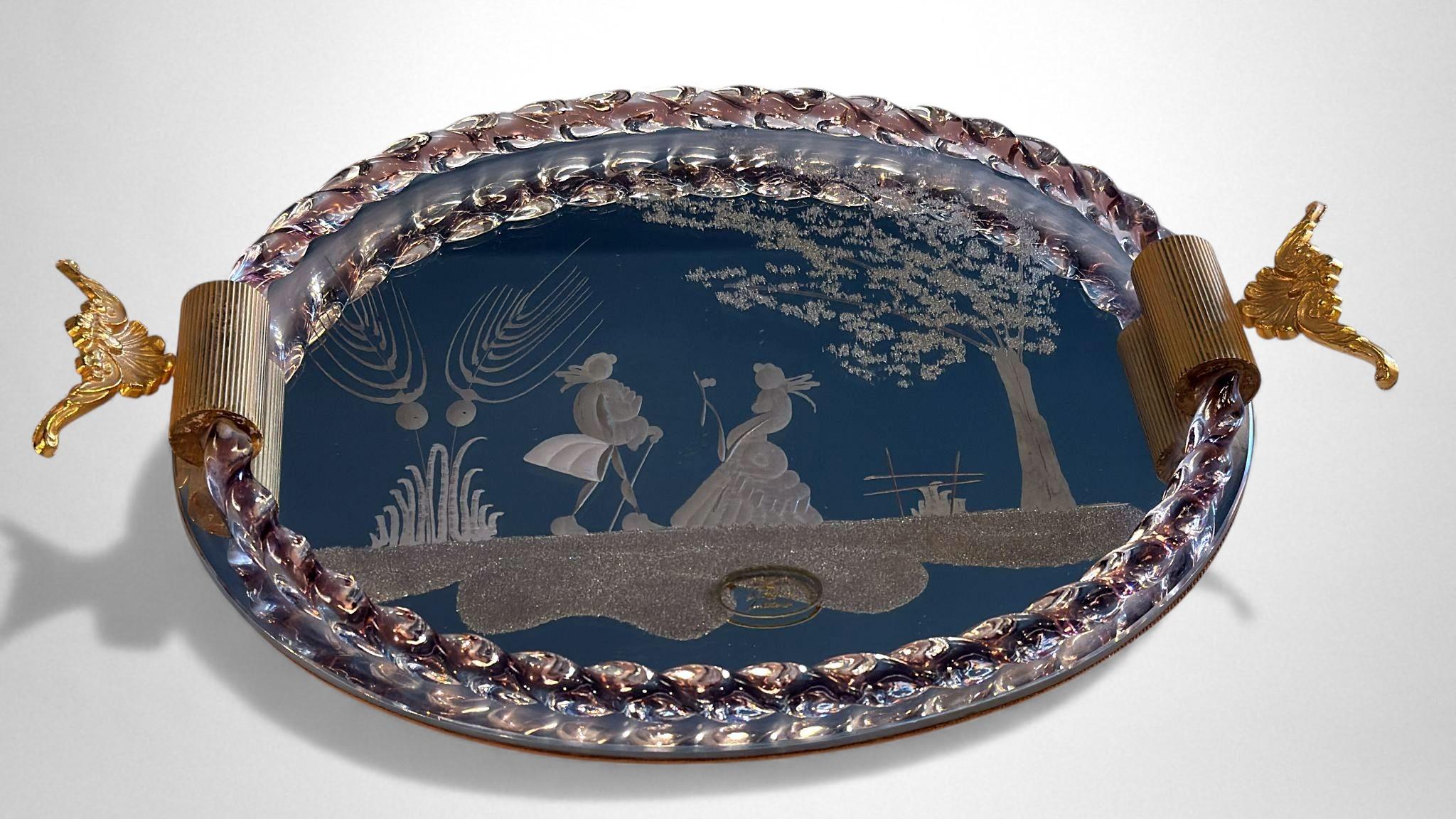 Murano Venier Glashütte Hand-graviert gespiegelt Eitelkeit Tablett (Italienisch) im Angebot