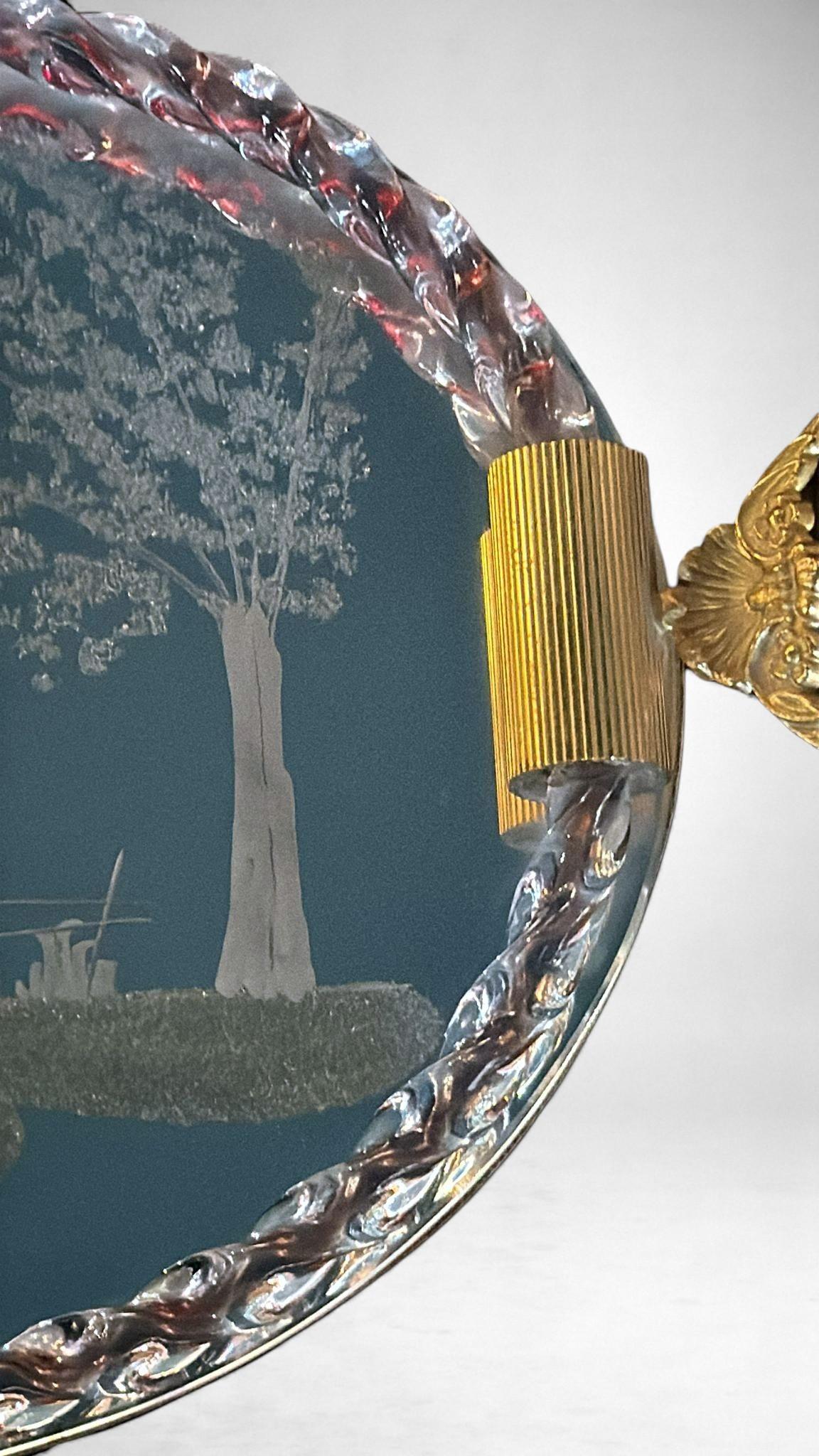 Murano Venier Glashütte Hand-graviert gespiegelt Eitelkeit Tablett (Muranoglas) im Angebot