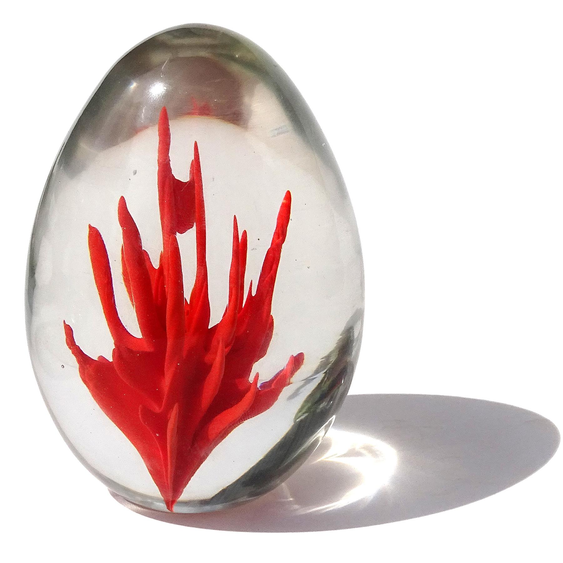 Hand-Crafted Murano Venini Bianconi Red Coral Flame Italian Art Glass Vintage Paperweight For Sale