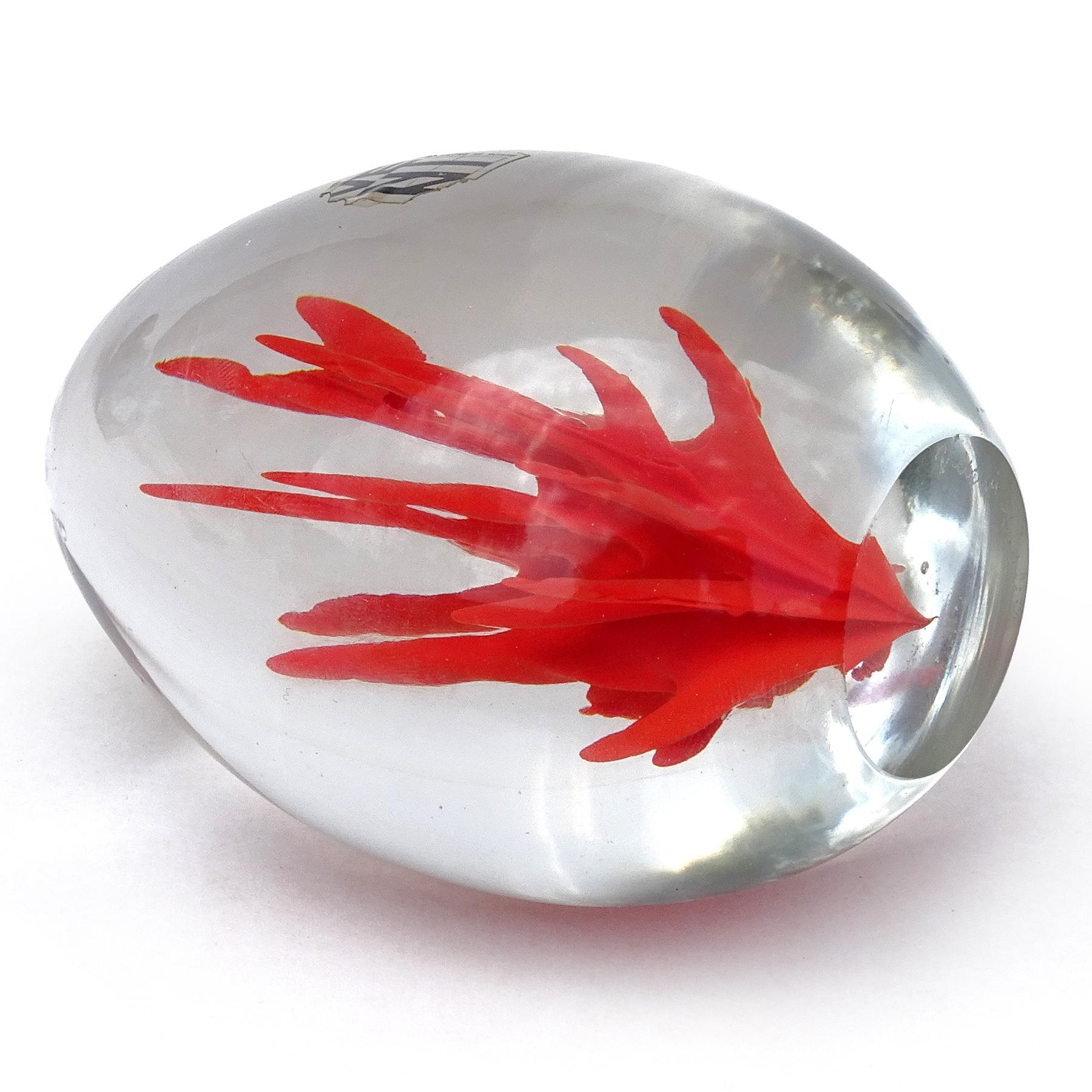 20th Century Murano Venini Bianconi Red Coral Flame Italian Art Glass Vintage Paperweight For Sale