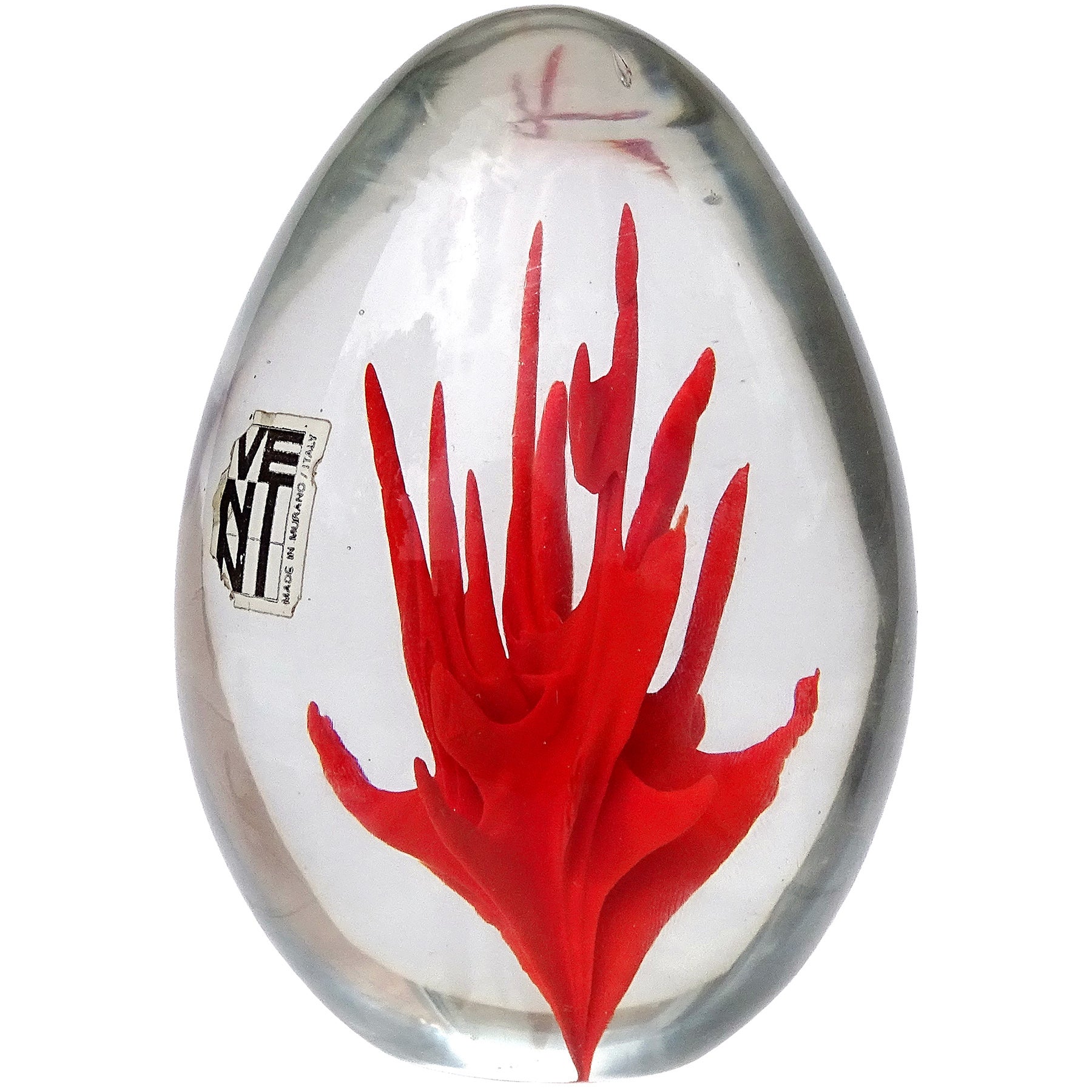 Murano Venini Bianconi Red Coral Flame Italian Art Glass Vintage Paperweight For Sale