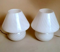 Murano Venini Style Pair of Mushroom-Shaped Opal Glass Spiral Lamps