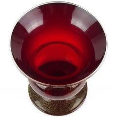 Murano Venini Style Art Deco Red Gold Flecks Italian Art Glass Flower Vase
