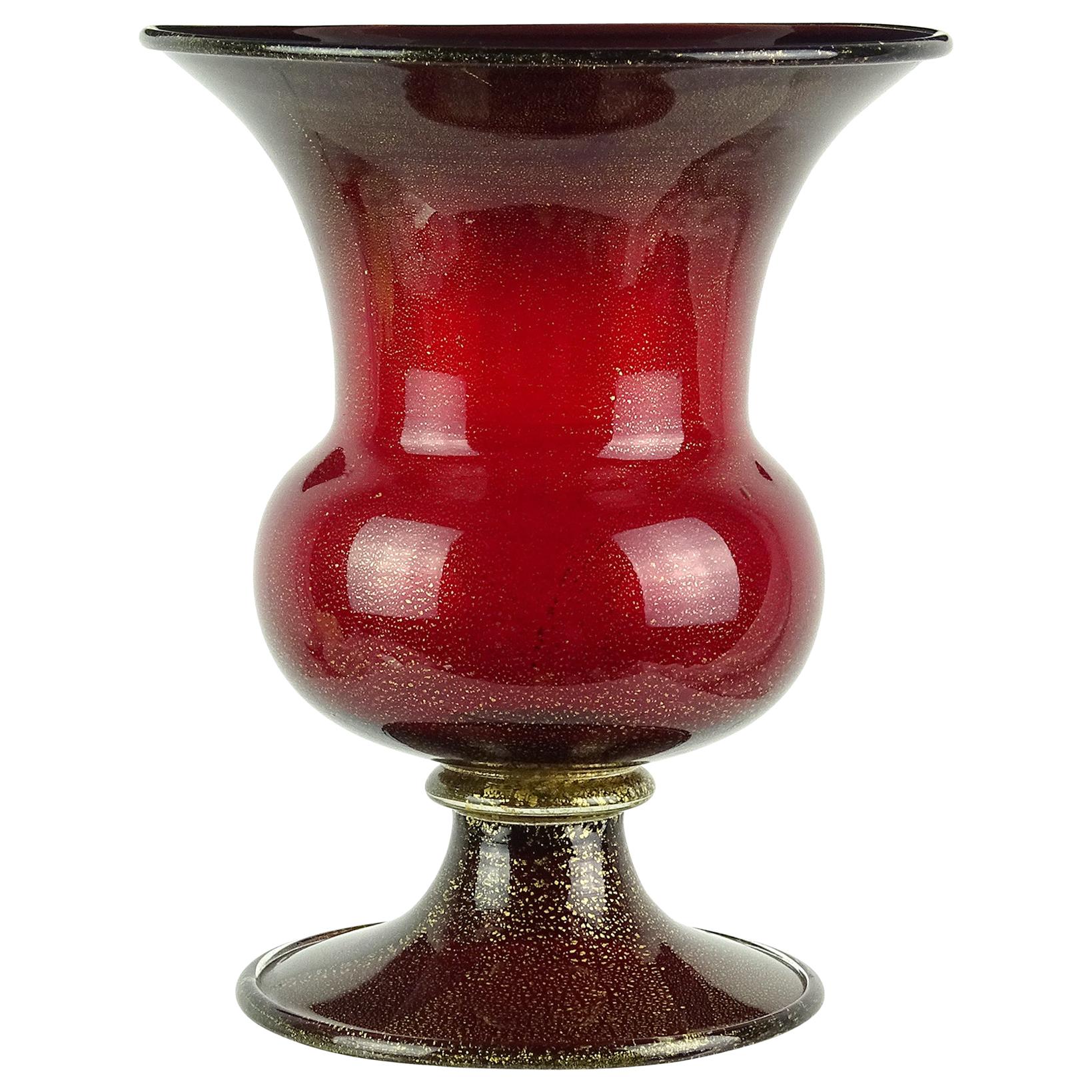 Murano Venini Style Art Deco Red Gold Flecks Italian Art Glass Flower Vase