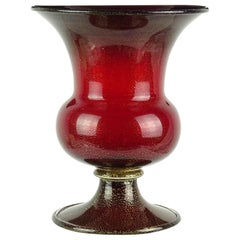 Murano Venini Style Art Deco Red Gold Flecks Italian Art Glass Flower Vase