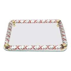 Murano Venini Style Red Caned Twisted Rope Glass Tray Brass Mid-Century Modern