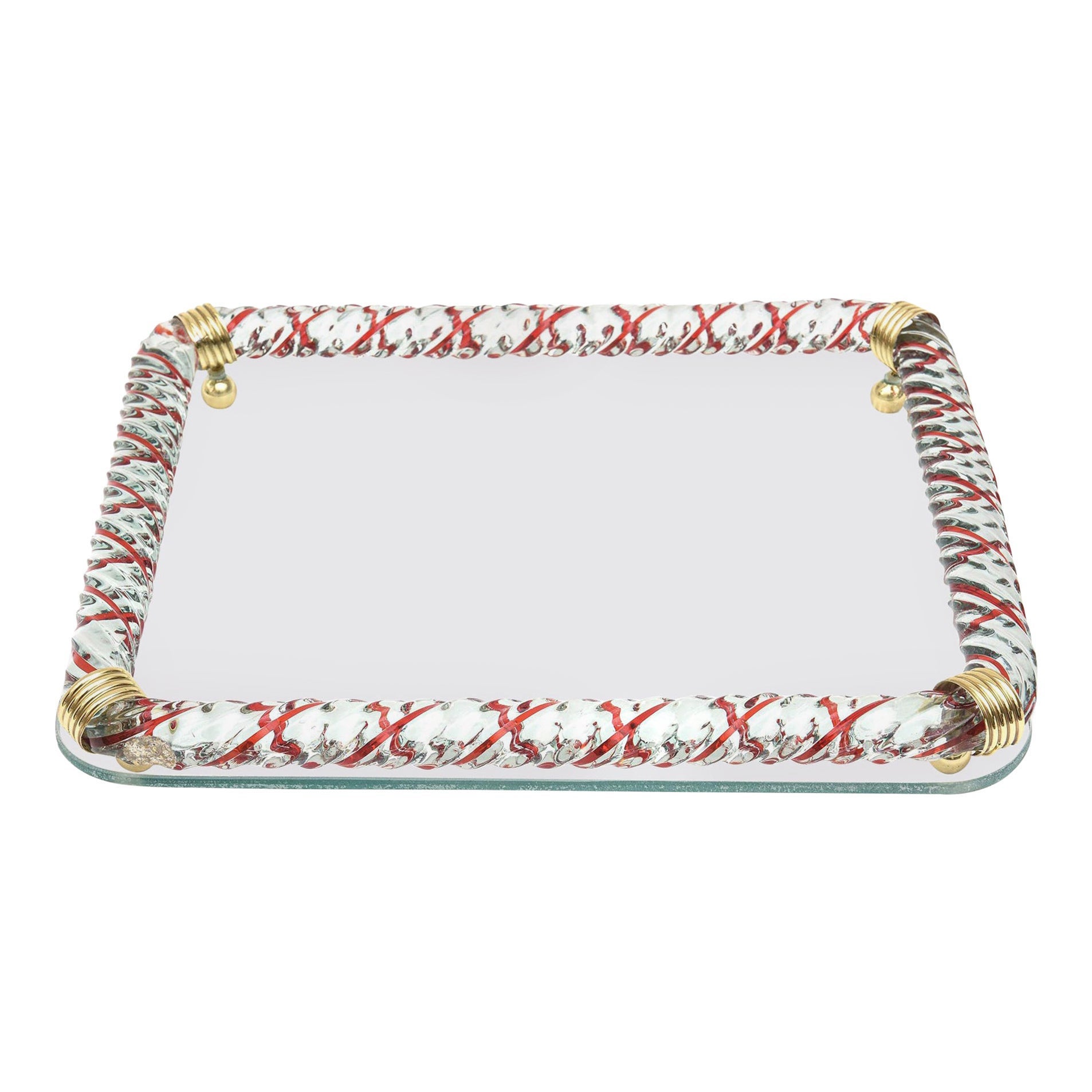 Murano Venini Style Red Caned Twisted Rope Glass Tray Brass Mid-Century Modern im Angebot