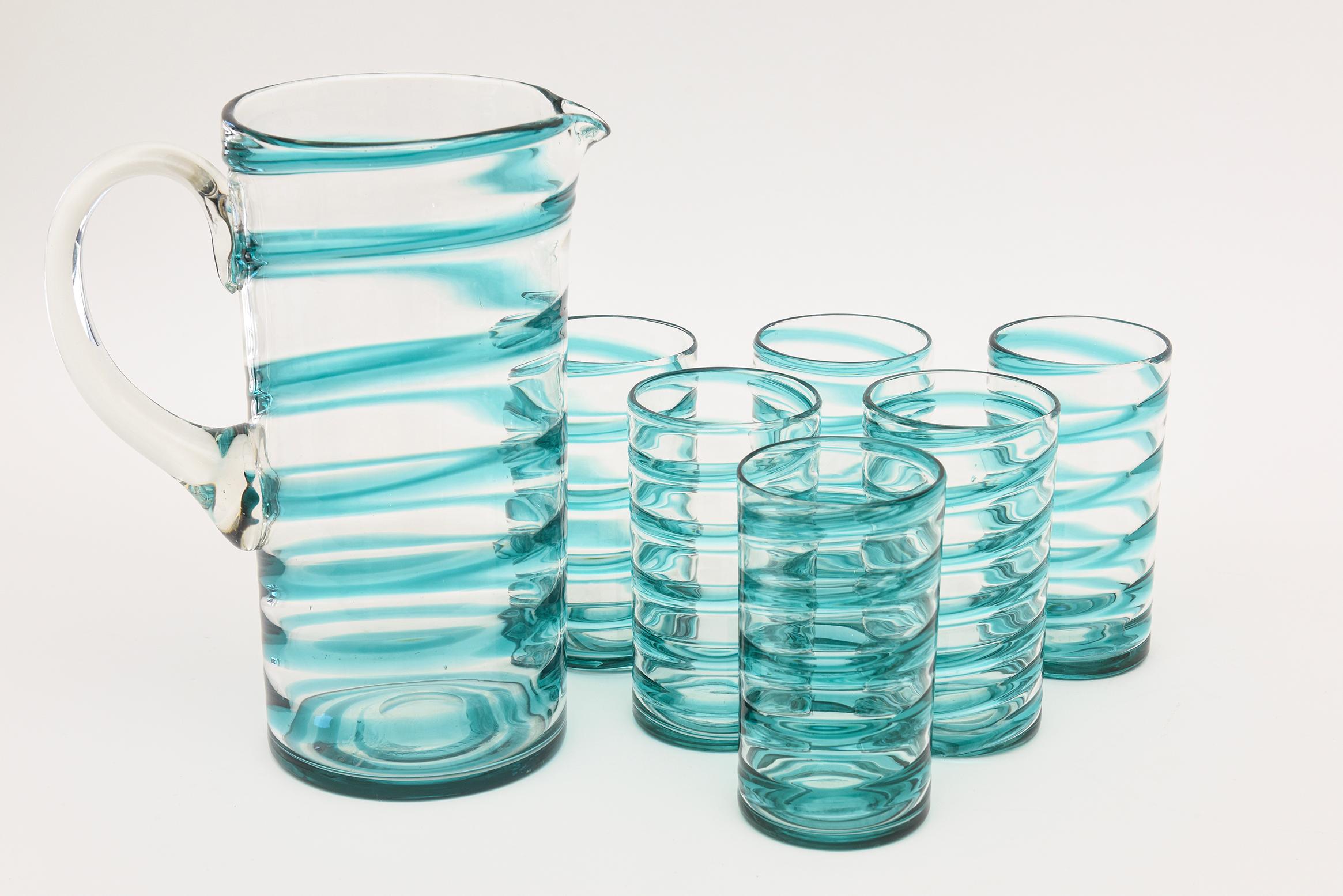 Murano Venini Turquoise Glass Swirled Ice Tea Or Lemonade Pitcher & Glasses Set For Sale 1