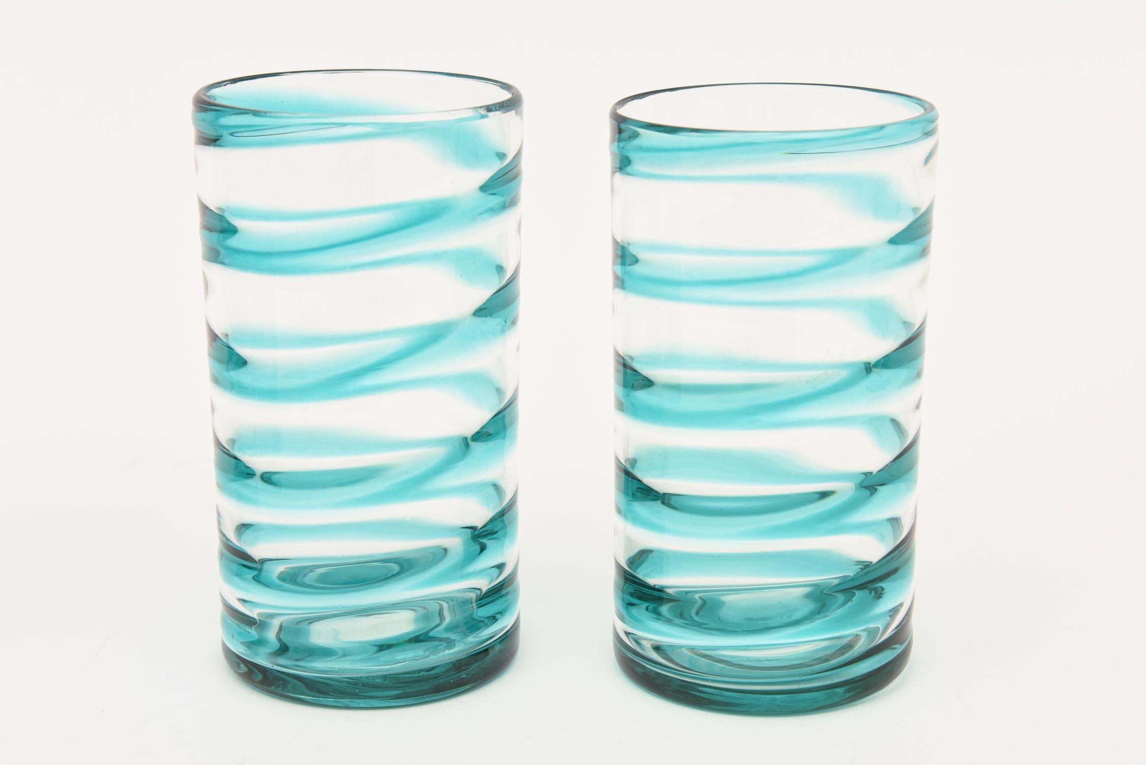 Murano Venini Turquoise Glass Swirled Ice Tea Or Lemonade Pitcher & Glasses Set For Sale 3