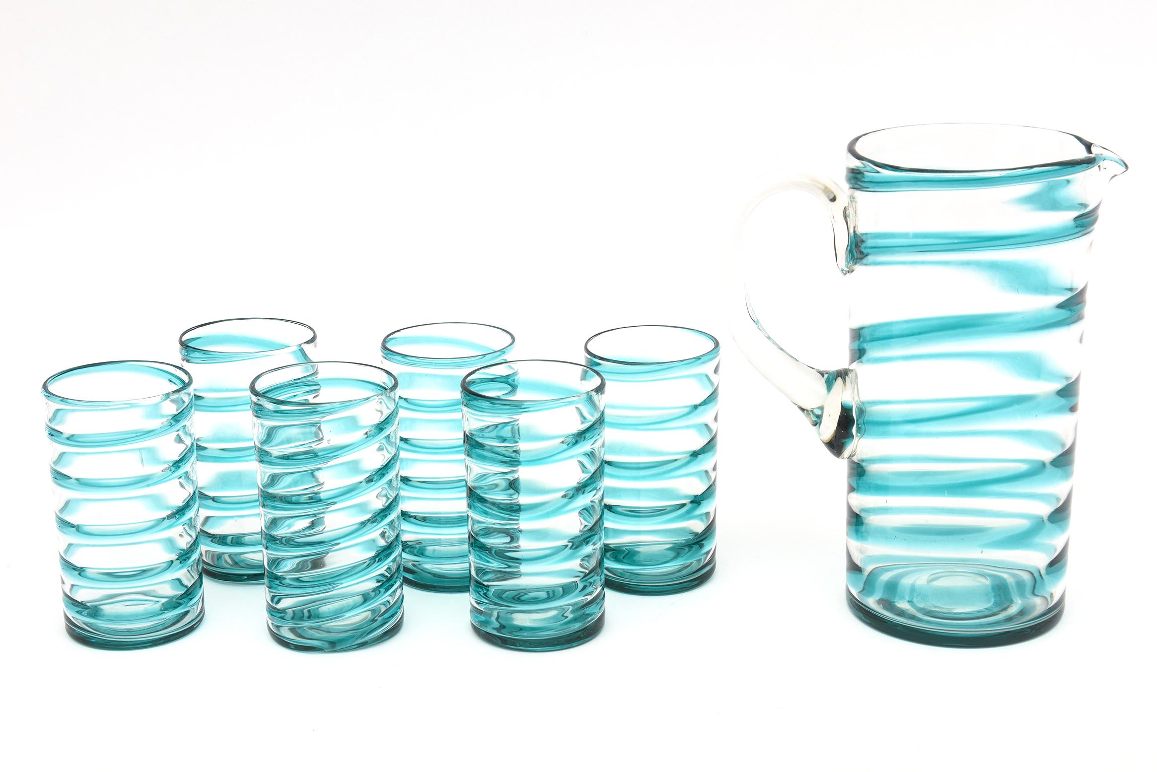Italian Murano Venini Turquoise Glass Swirled Ice Tea Or Lemonade Pitcher & Glasses Set For Sale