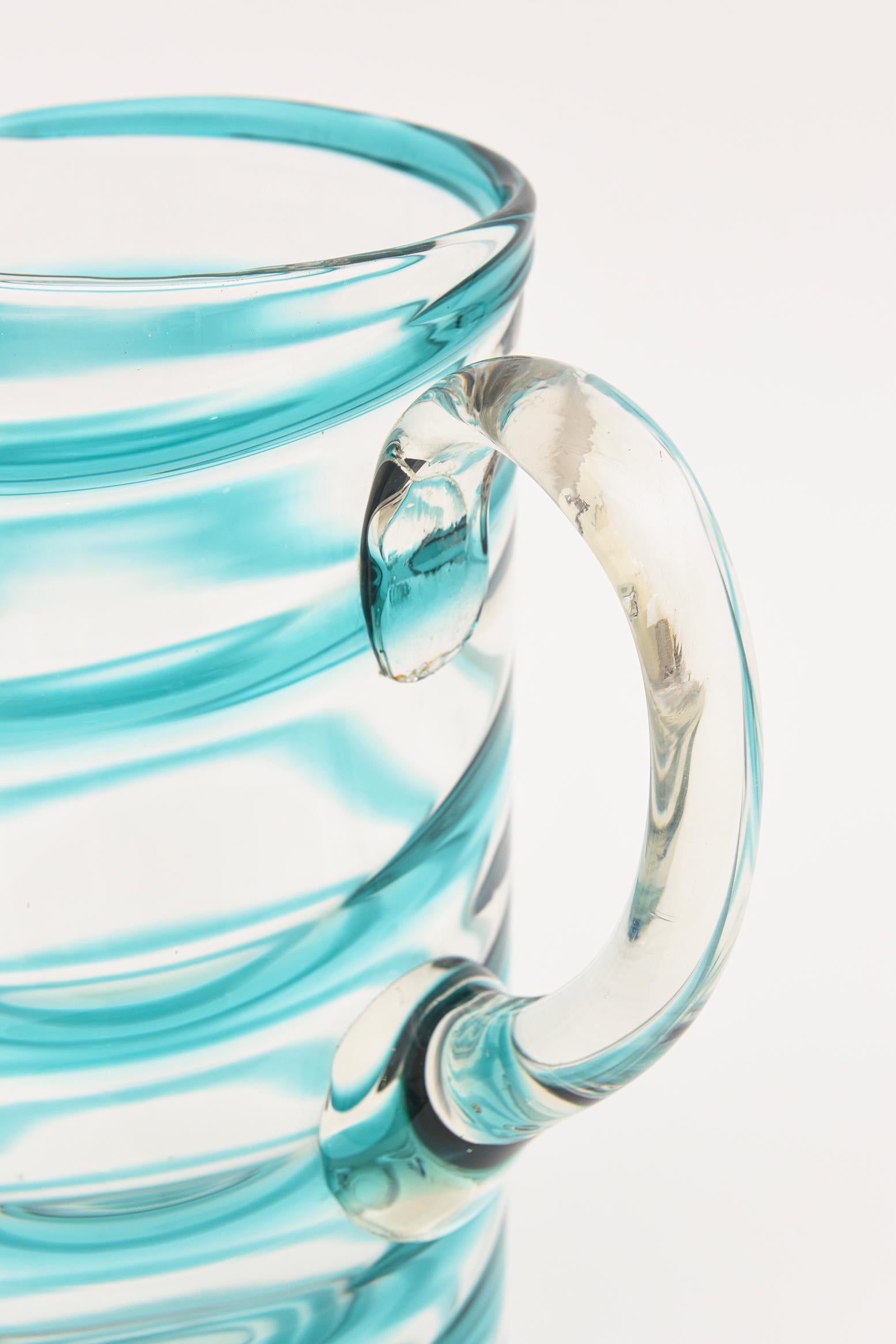 Murano Venini Turquoise Glass Swirled Ice Tea Or Lemonade Pitcher & Glasses Set In Good Condition For Sale In North Miami, FL
