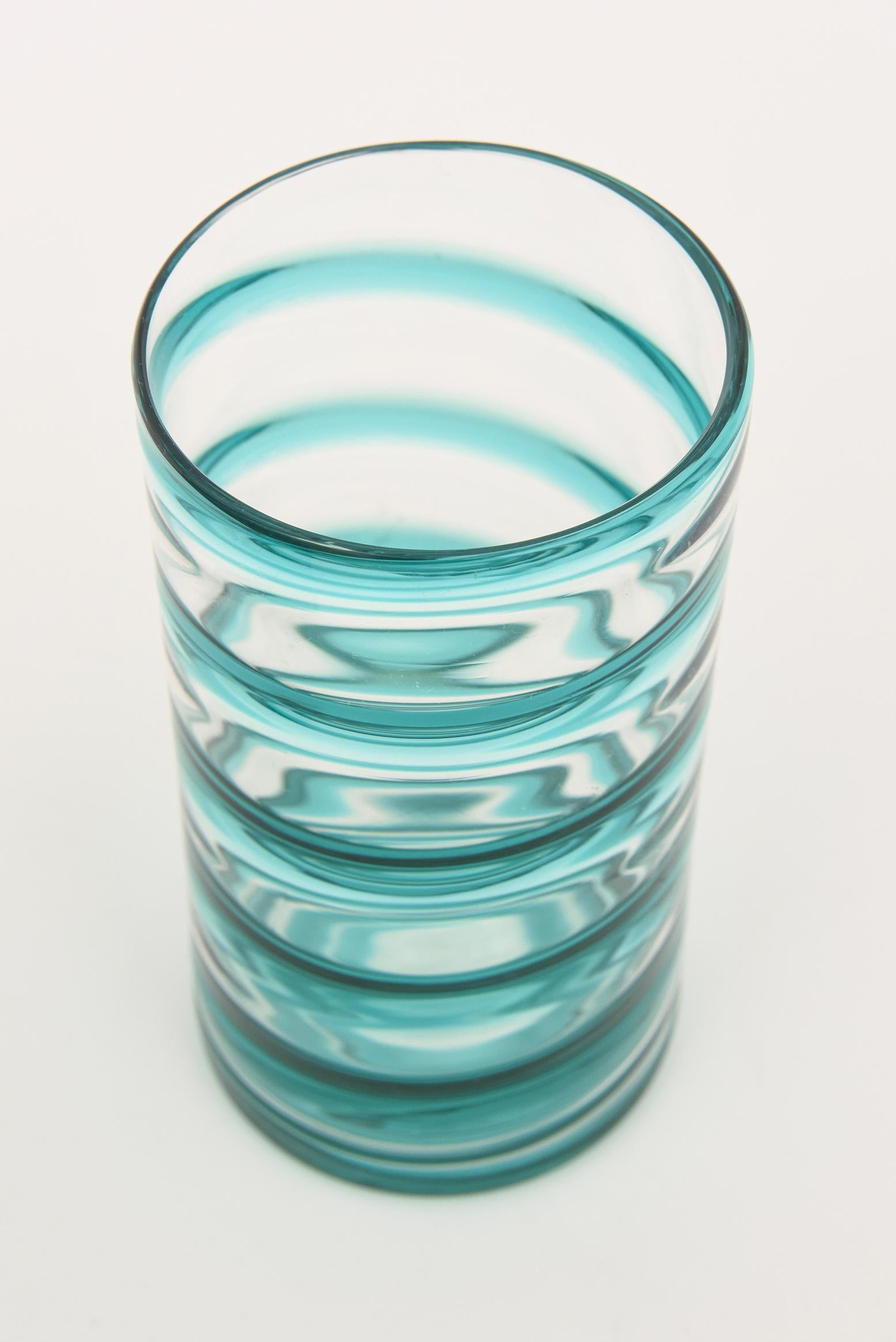 Mid-20th Century Murano Venini Turquoise Glass Swirled Ice Tea Or Lemonade Pitcher & Glasses Set For Sale