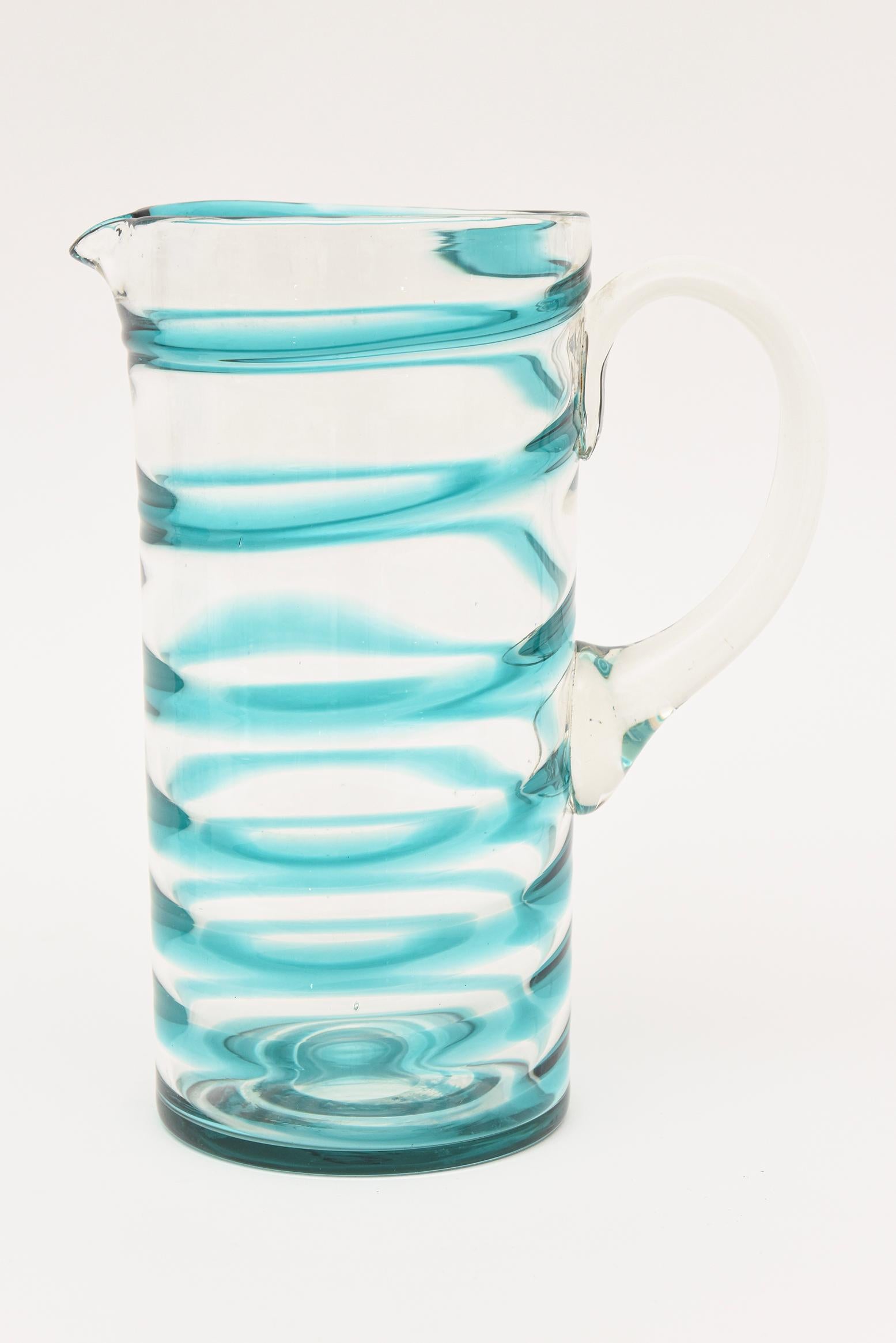 Blown Glass Murano Venini Turquoise Glass Swirled Ice Tea Or Lemonade Pitcher & Glasses Set For Sale