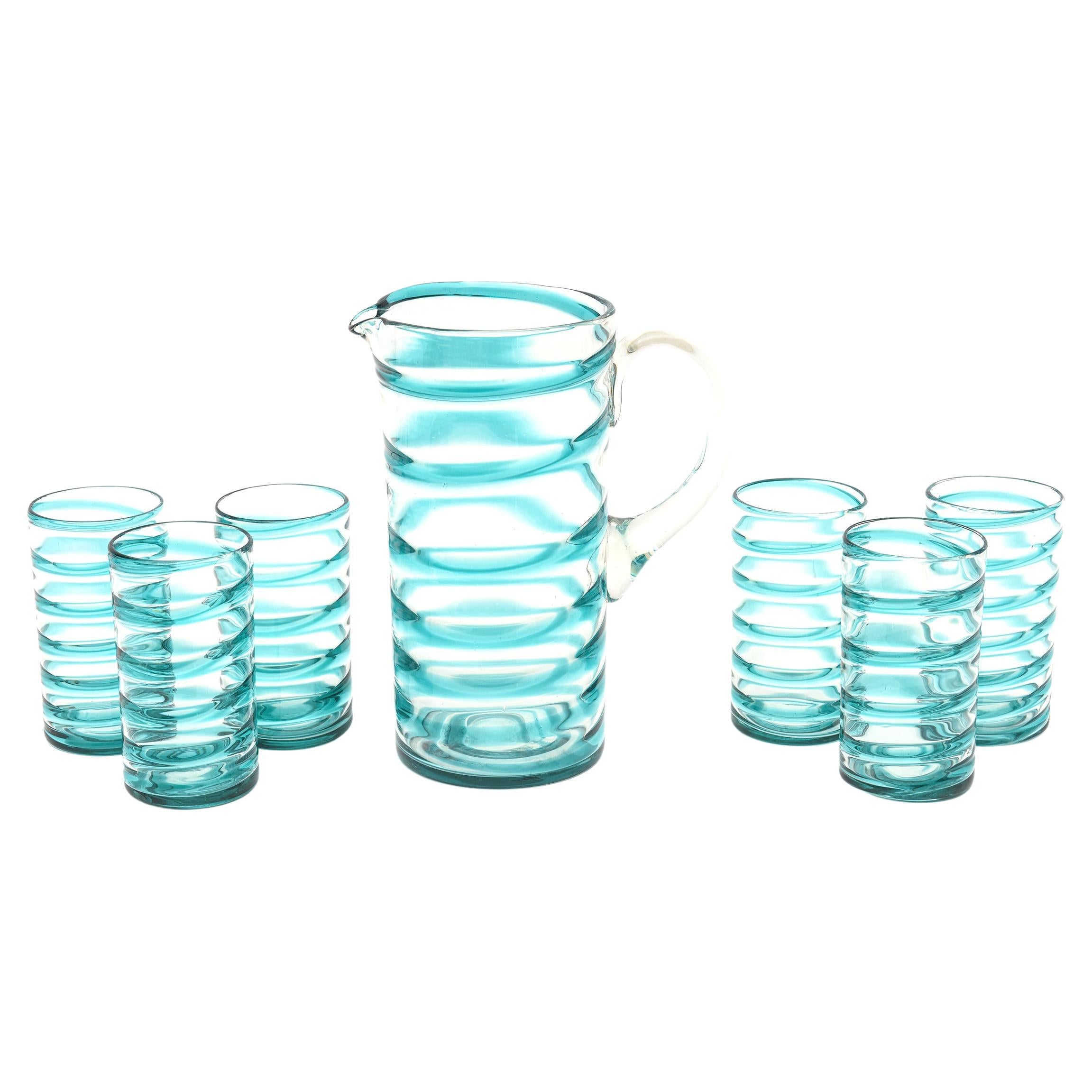 Murano Venini Turquoise Glass Swirled Ice Tea Or Lemonade Pitcher & Glasses Set For Sale