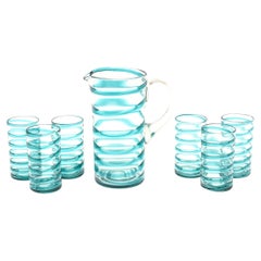 Murano Venini Turquoise Glass Swirled Ice Tea Or Lemonade Pitcher & Glasses Set